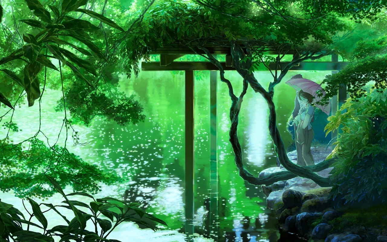 anime lake trees umbrella green Gallery HD Wallpaper
