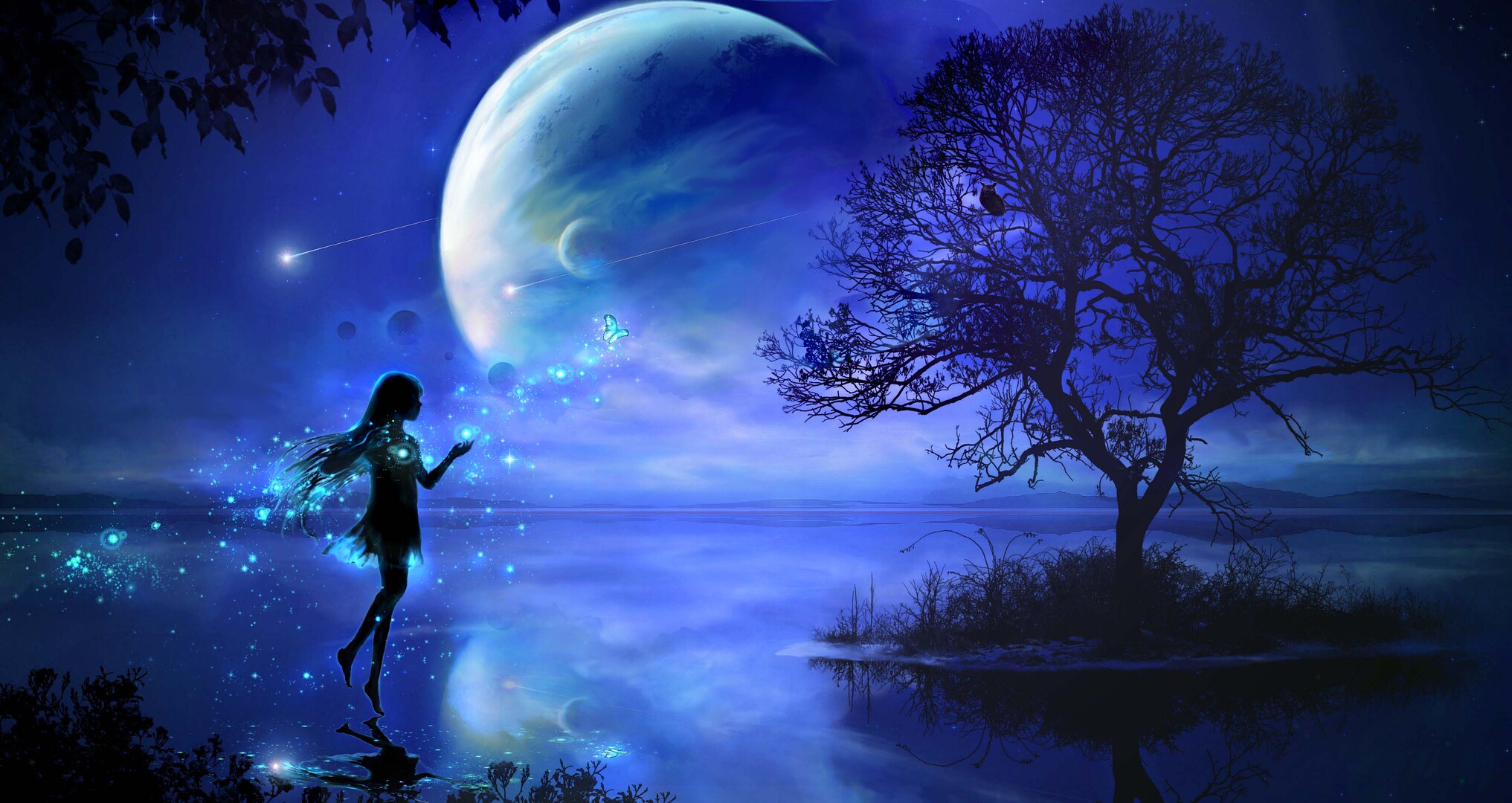 HD desktop wallpaper: Anime, Night, Lake, Tree, Girl, Planet, Shooting Star download free picture