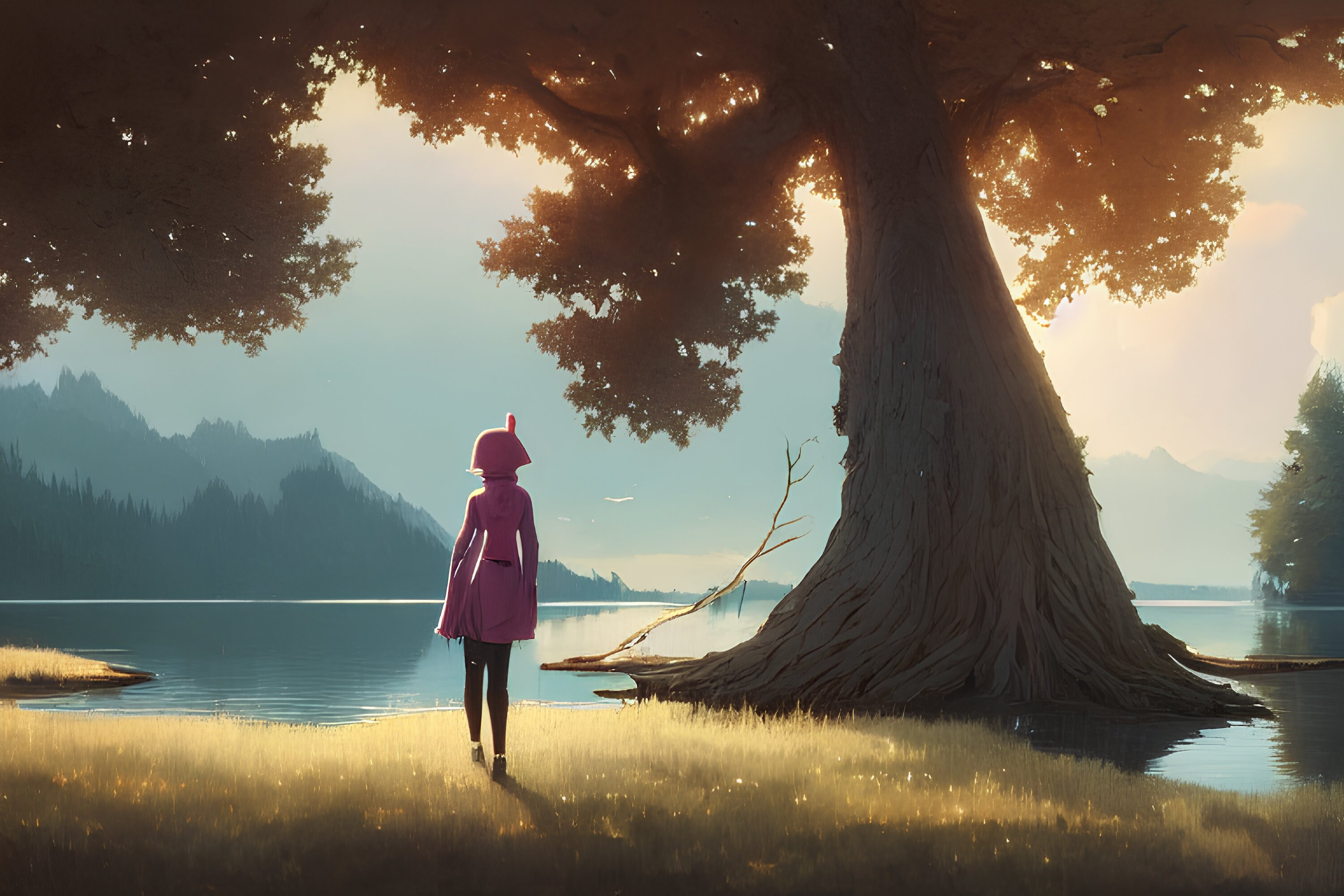 Women on the Edge of a Lake With Mountains 4k Wallpaper