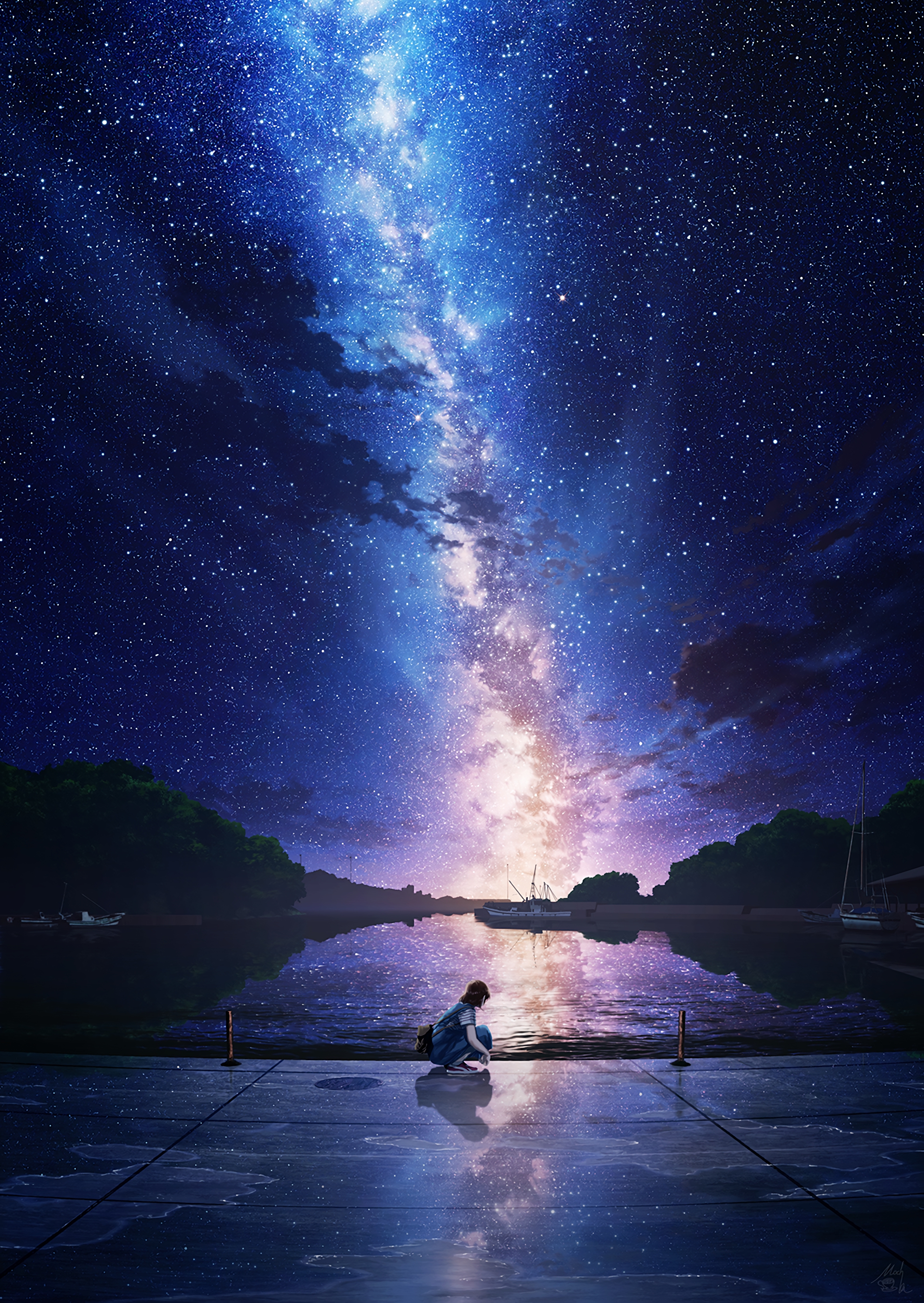 Anime Girls Landscape Night Night Sky Lake Anime Wallpaper:1984x2796