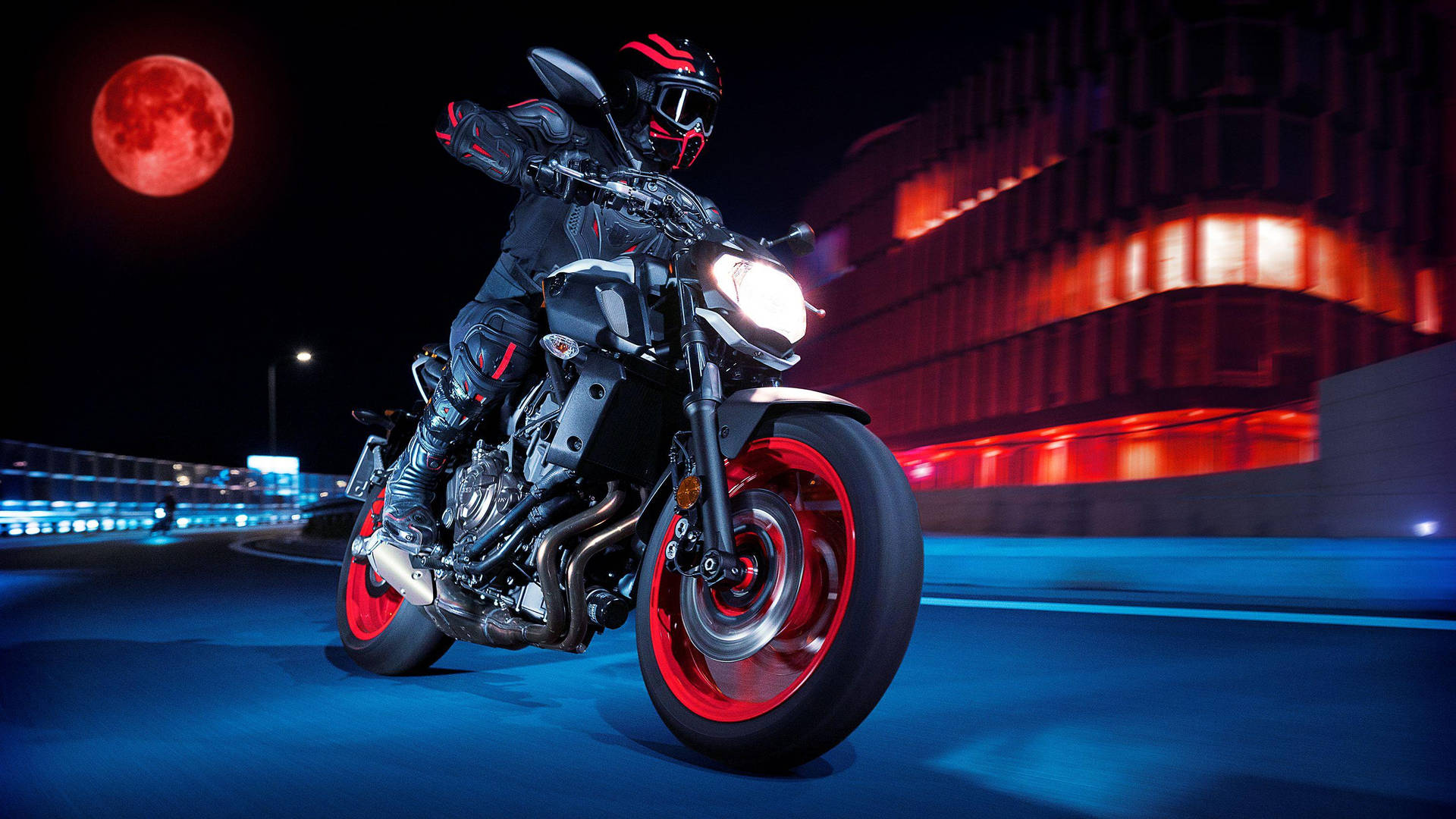 Download Rider With Black Yamaha MT 15 Under The Red Moon Wallpaper