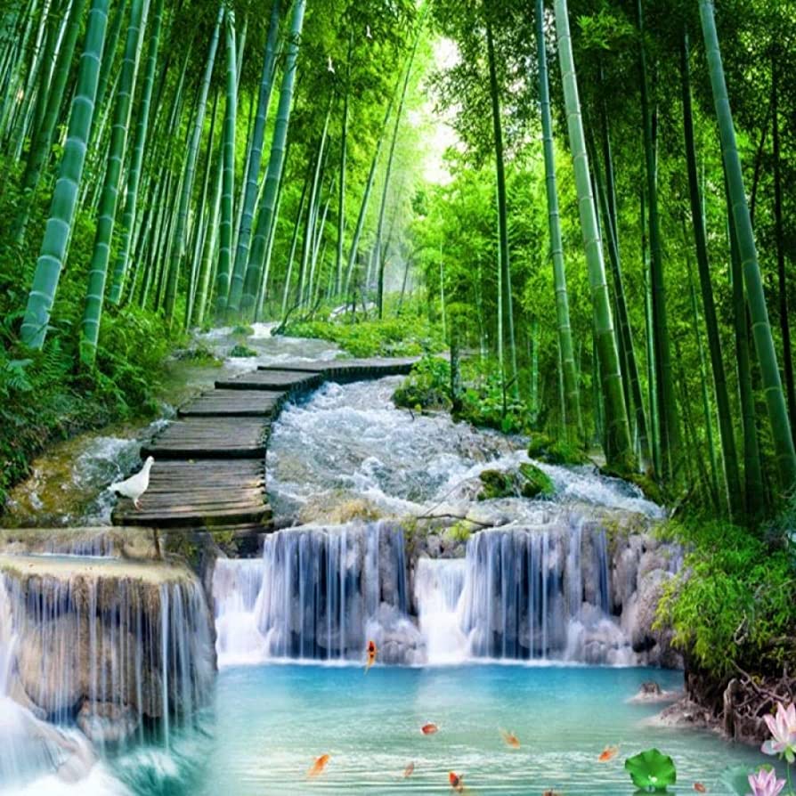 3D Wallpaper Green Wallpaper Photo Wallpaper Bamboo Forest Bridge Flowing Water Scenery Background Wall Mural, 200x140cm