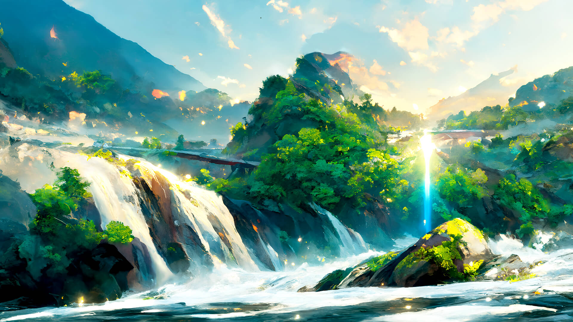 Wallpaper, green, landscape, waterfall, nature, water 1920x1080