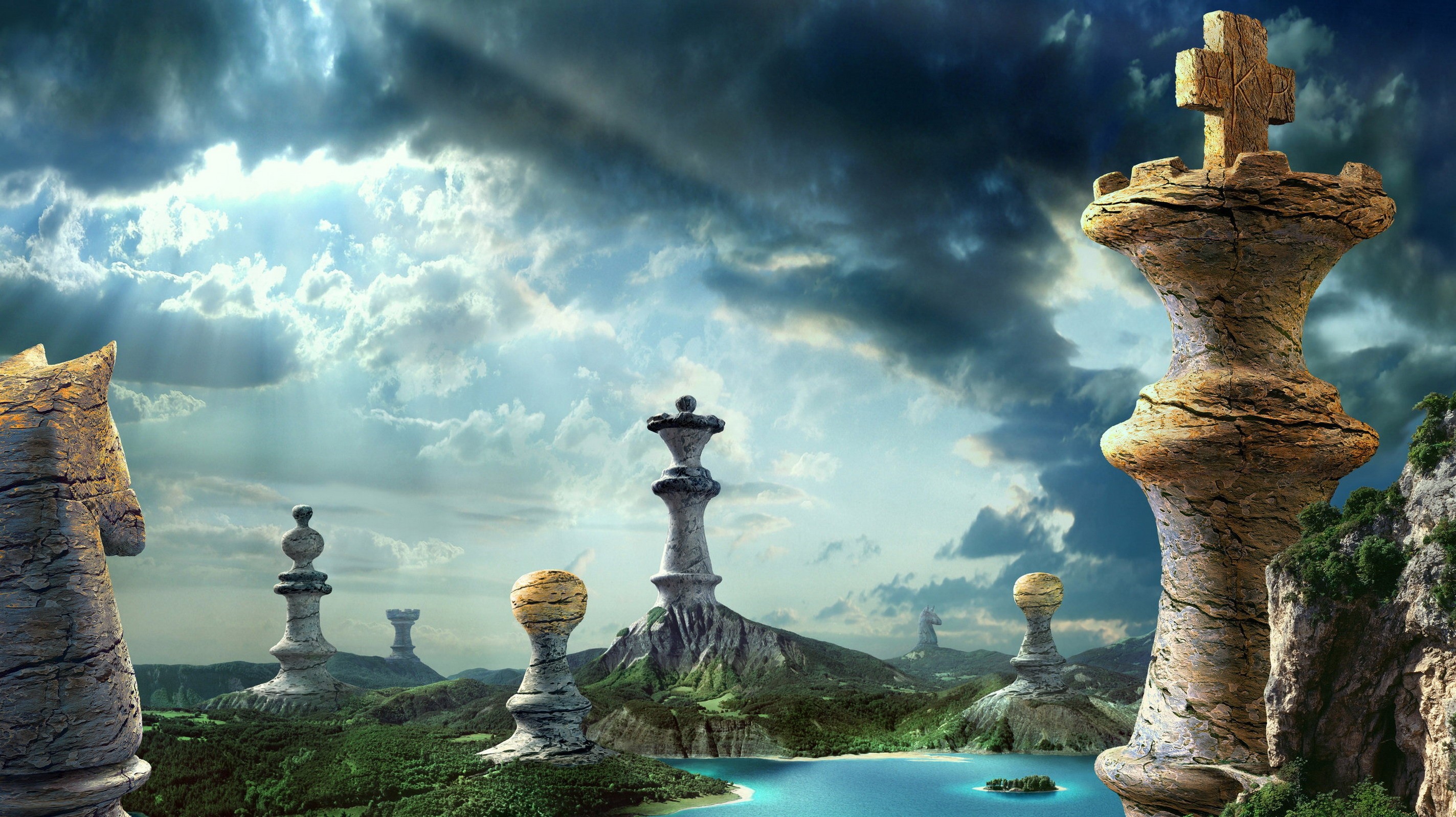 digital art fantasy art clouds nature landscape chess pawns king queen horse hill rock water island sunlight trees Gallery HD Wallpaper