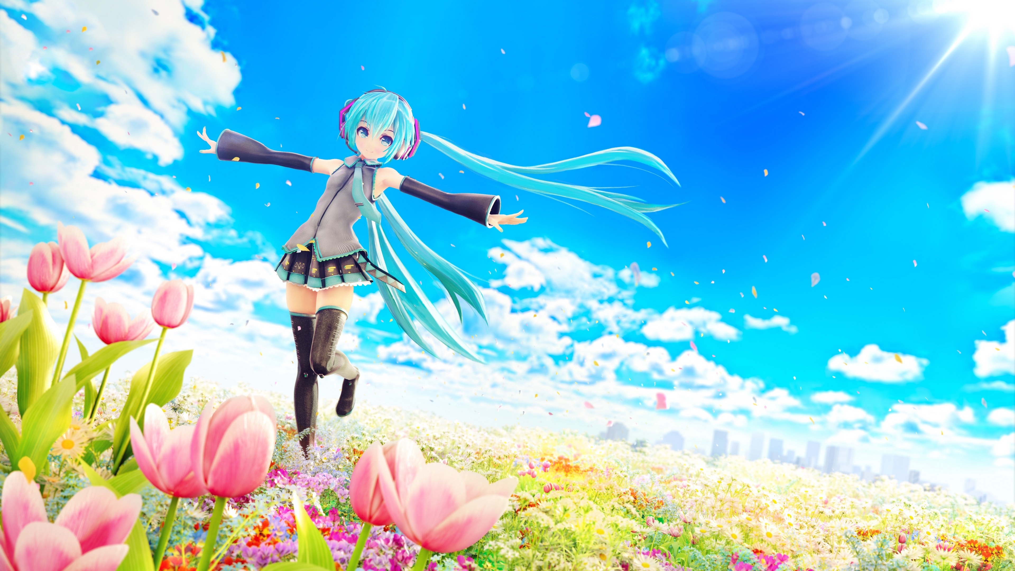 Wallpaper 4k chuukarudoruhu, hatsune miku, vocaloid, field, tulips 4k Wallpaper