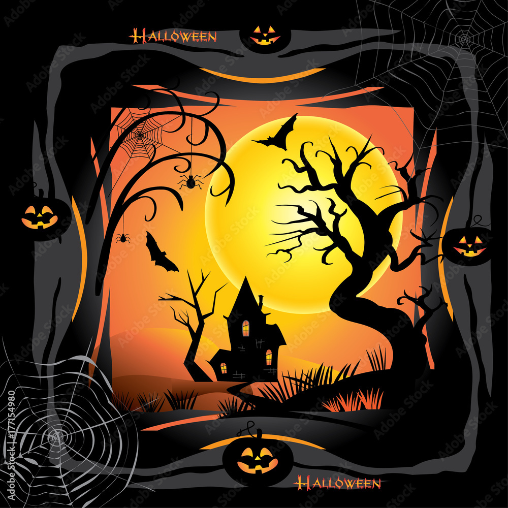 Halloween night background with pumpkin, bat, spider web, fantasy forest, haunted house and full moon. Wallpaper or invitation Halloween party, adwertising Vector illustration. Stock Vector