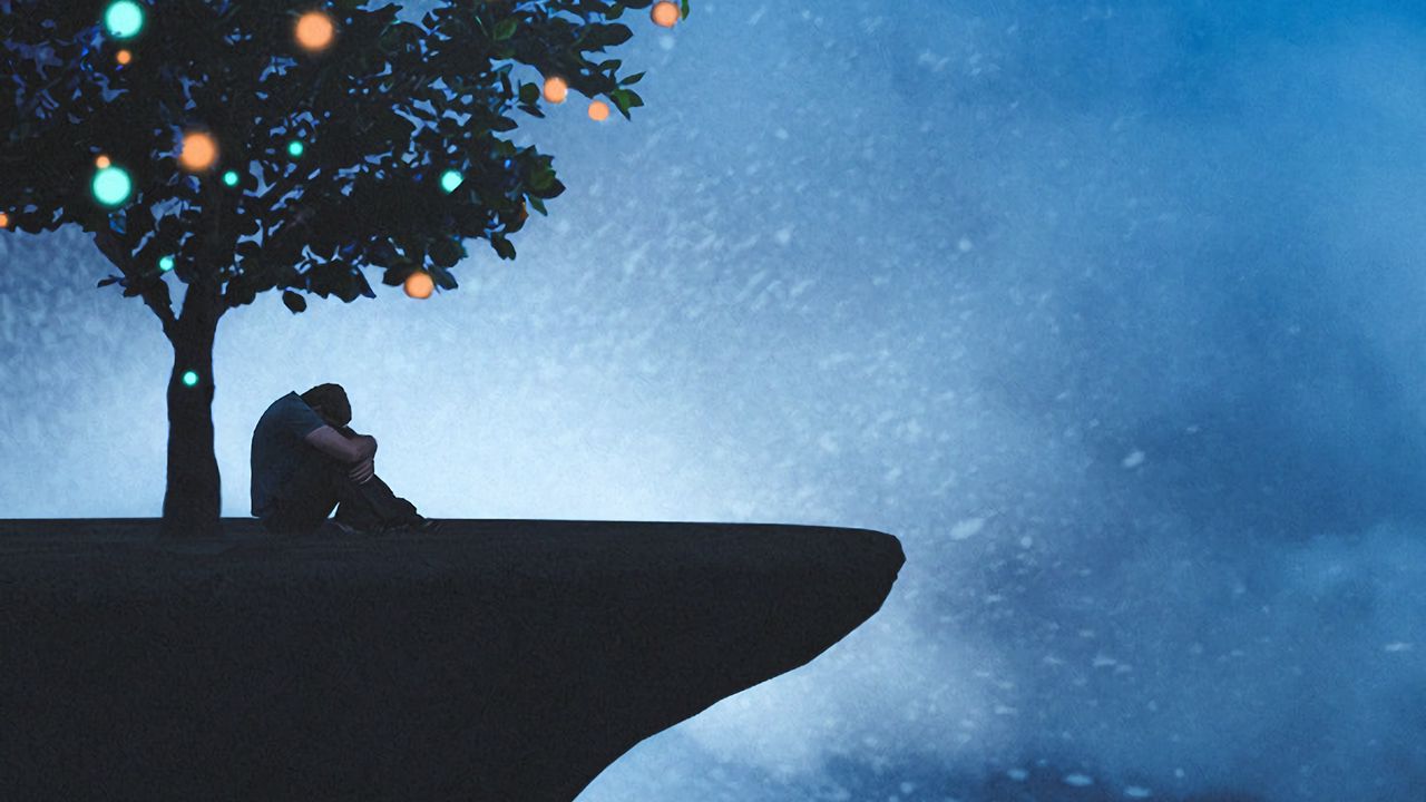 Wallpaper silhouette, tree, cliff, loneliness, sadness hd, picture, image