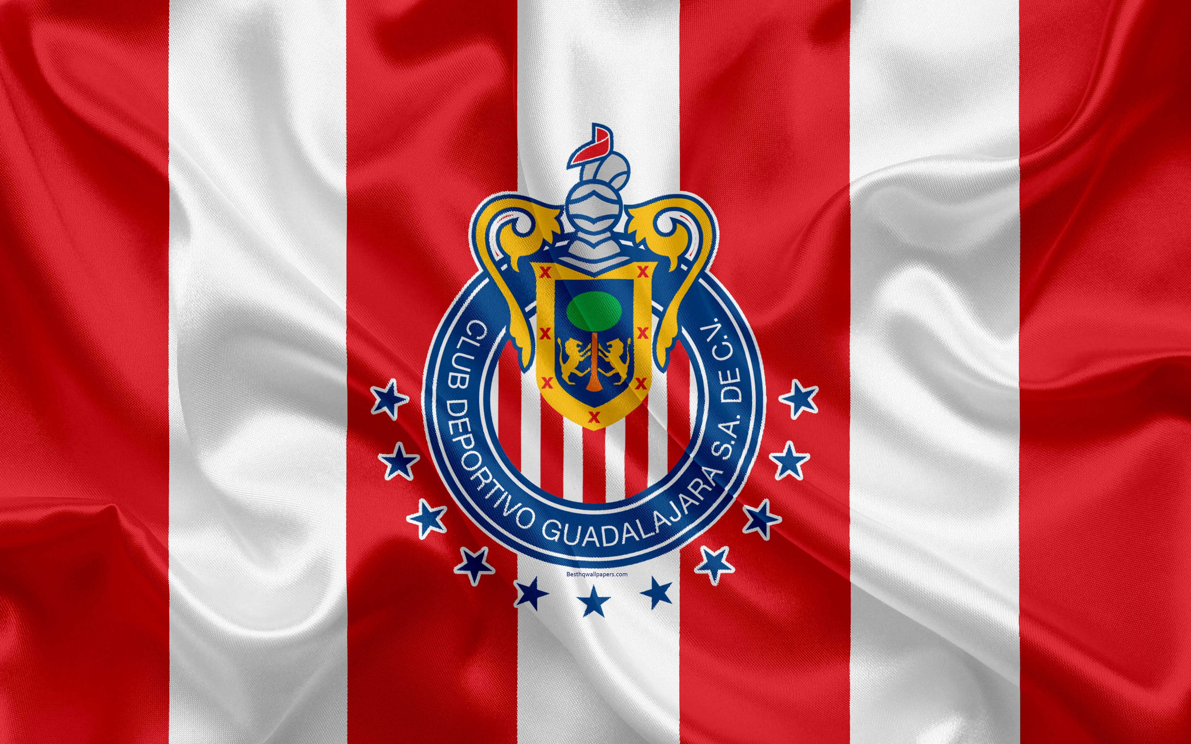 Download wallpaper Guadalajara Chivas FC, 4k, Mexican Football Club, emblem, Chivas logo, sign, football, Primera Division, Mexico Football Championships, Guadalajara, Mexico, silk flag for desktop with resolution 3840x2400. High Quality HD picture