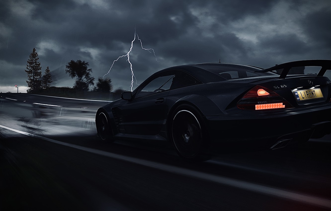 Wallpaper HDR, Mercedes, Benz, Clouds, Speed, Storm, AMG, Street, Game, Black Series, Thunder, Trees, UHD, Xbox One X, SL, Forza Horizon - for desktop, section игры