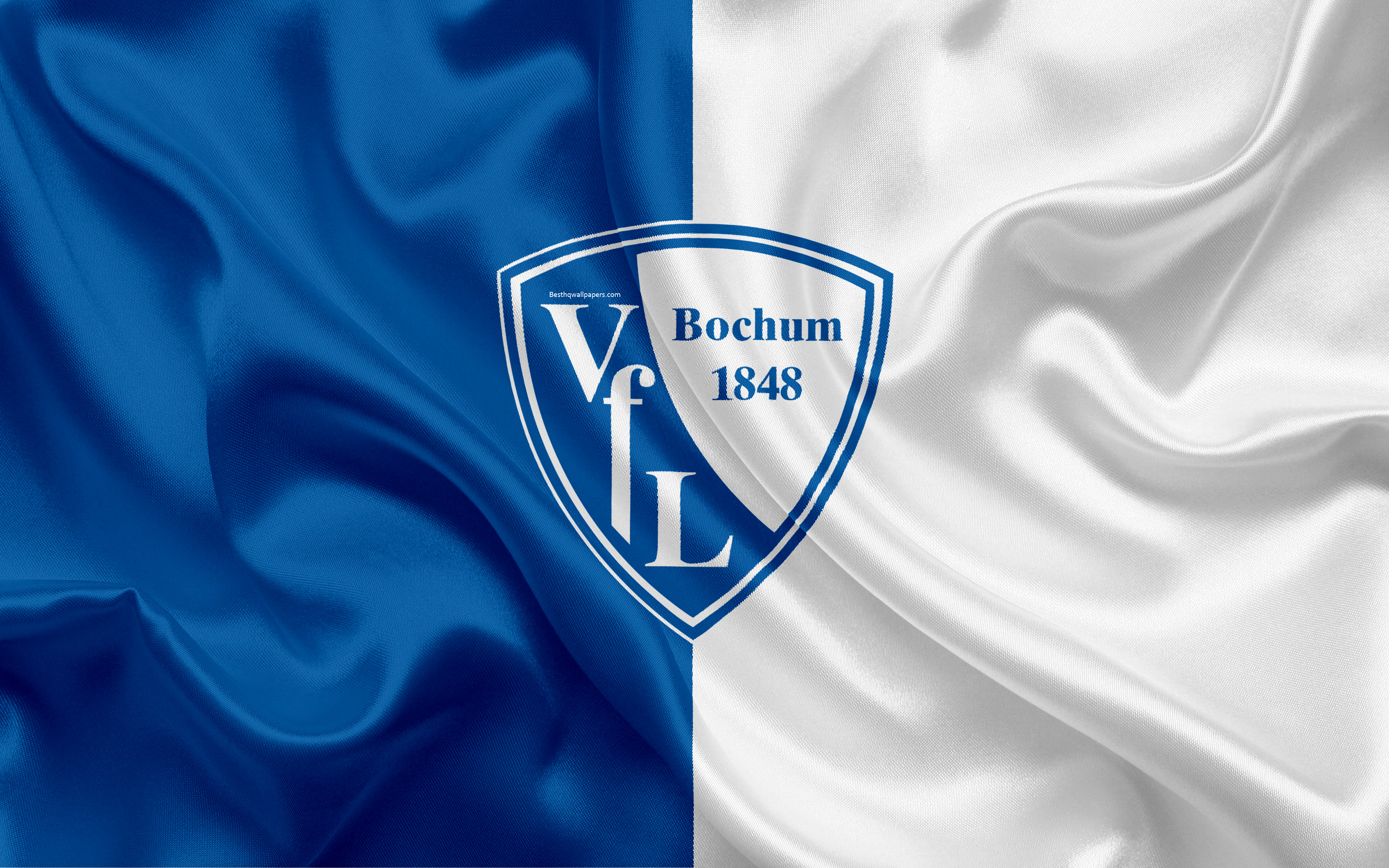 Download wallpaper VfL Bochum 1848, 4k, blue white silk flag, German football club, logo, emblem, 2 Bundesliga, football, Bochum, Germany, Second Bundesliga, Bochum FC for desktop with resolution 3840x2400. High Quality HD