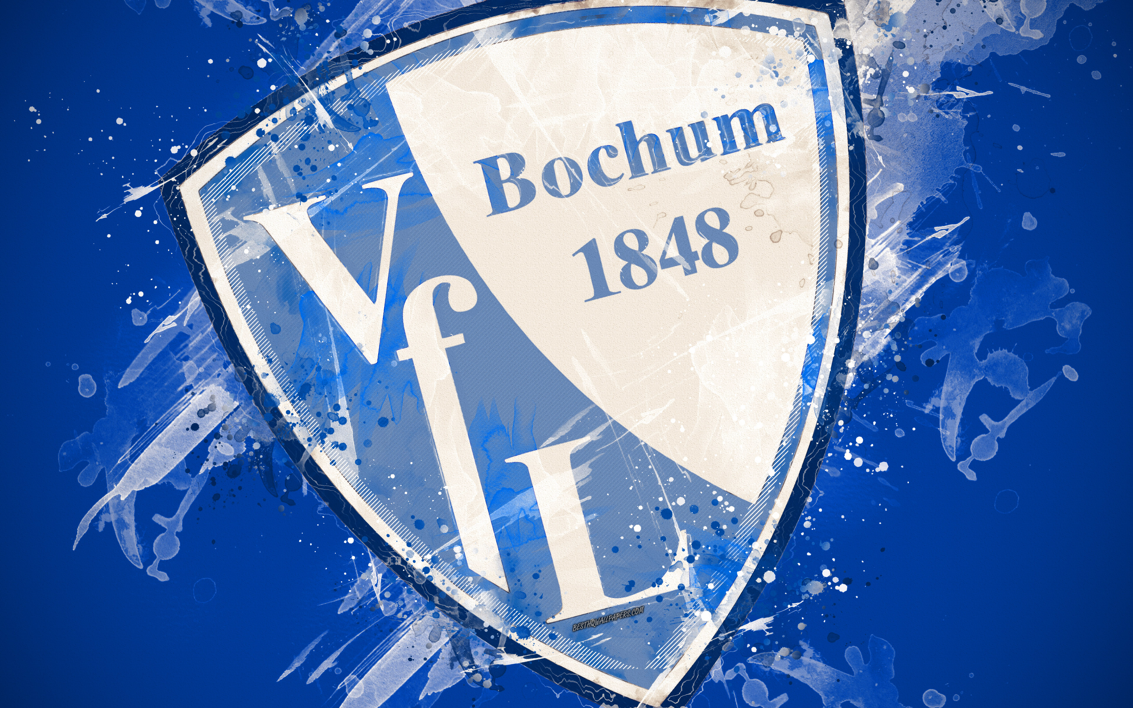 Download wallpaper VfL Bochum, 4k, paint art, logo, creative, German football team, Bundesliga 2, emblem, blue background, grunge style, Bochum, Germany, football for desktop with resolution 3840x2400. High Quality HD picture wallpaper