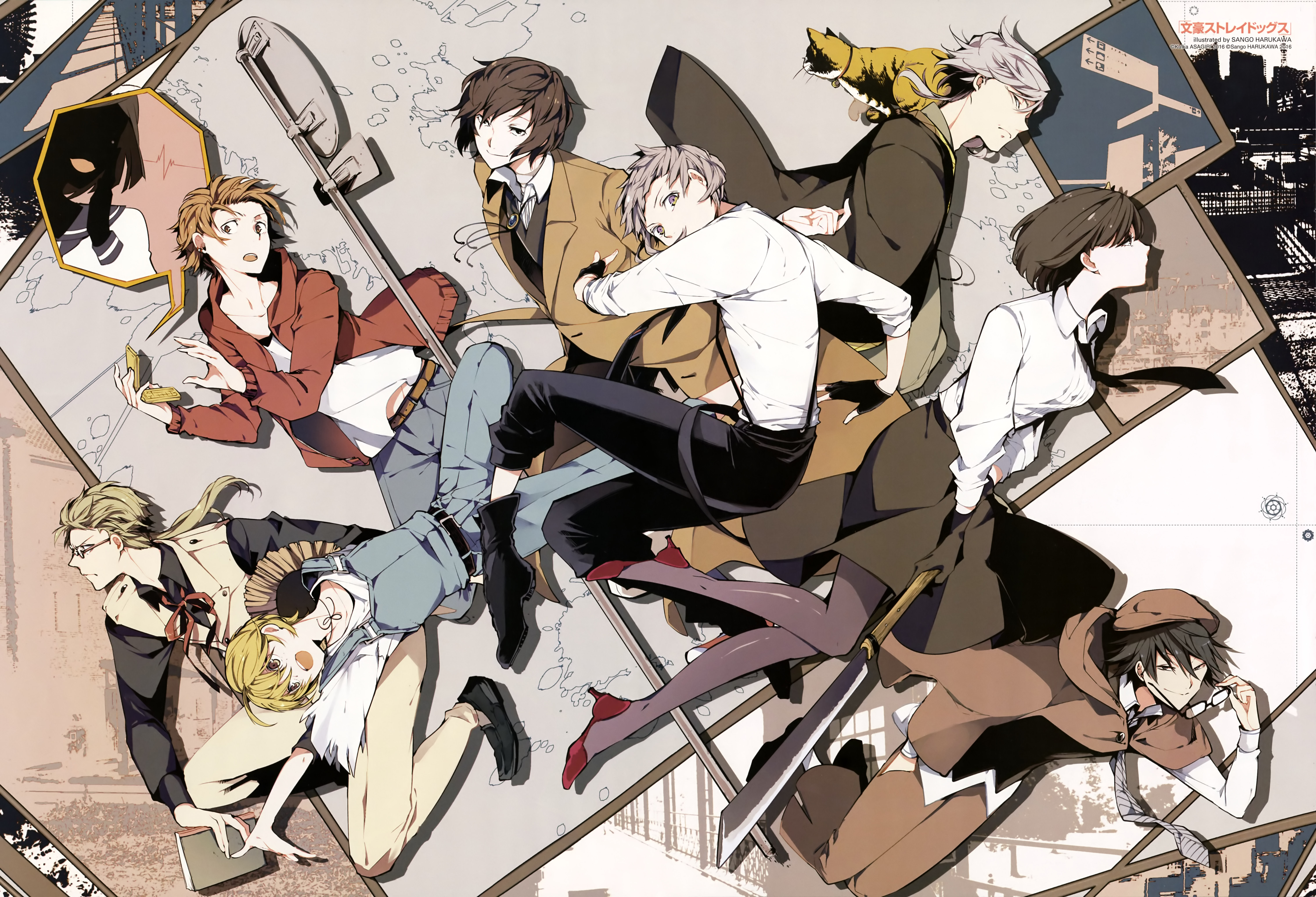 Wallpaper, Bungou Stray Dogs, Akiko Yosano, Dazai Osamu, Nakajima Atsushi, Ranpo Edogawa, Doppo Kunikida 5995x4085