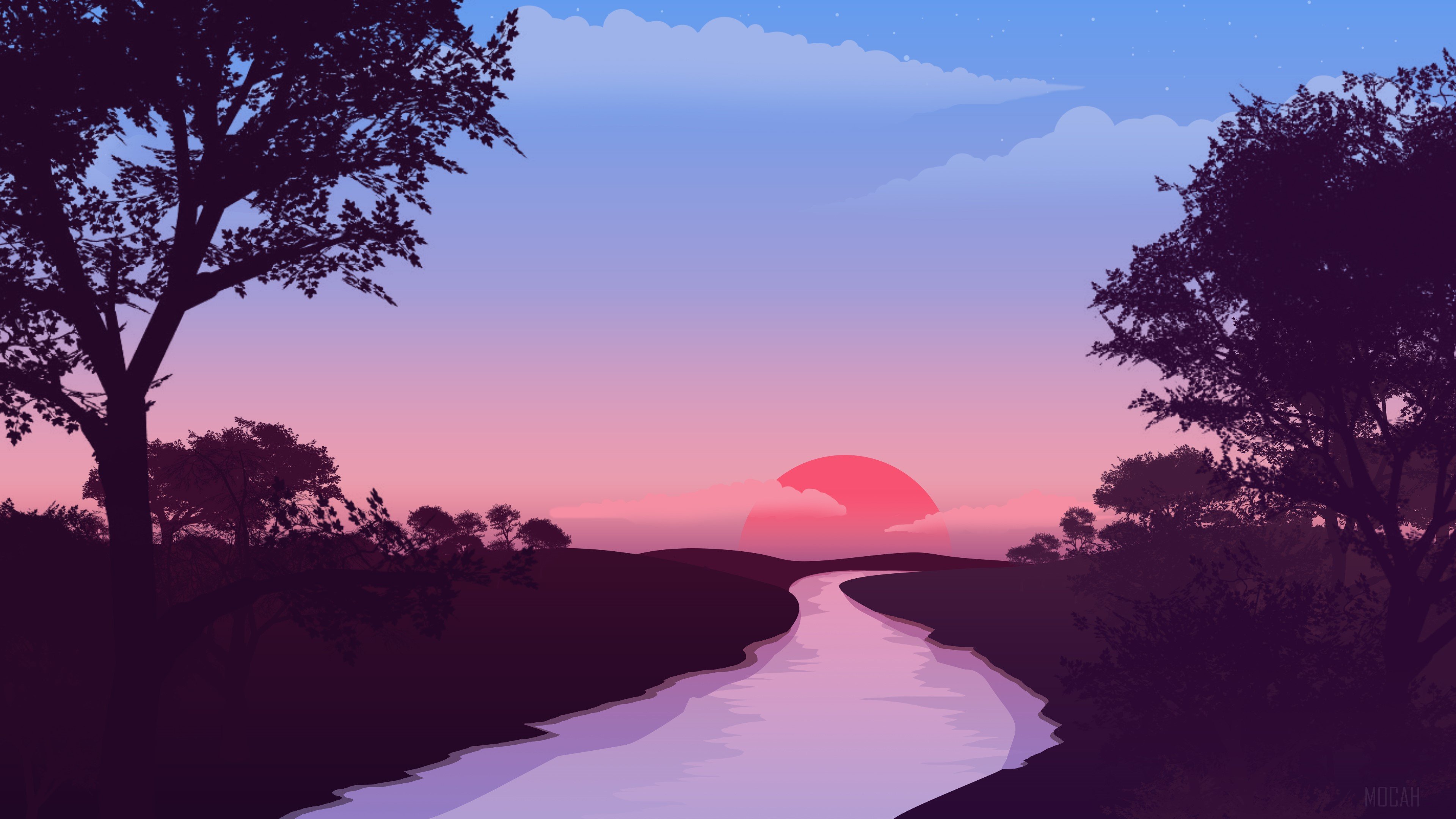 Sunset, Lake, Minimalist, Digital Art, Scenery 4k Gallery HD Wallpaper