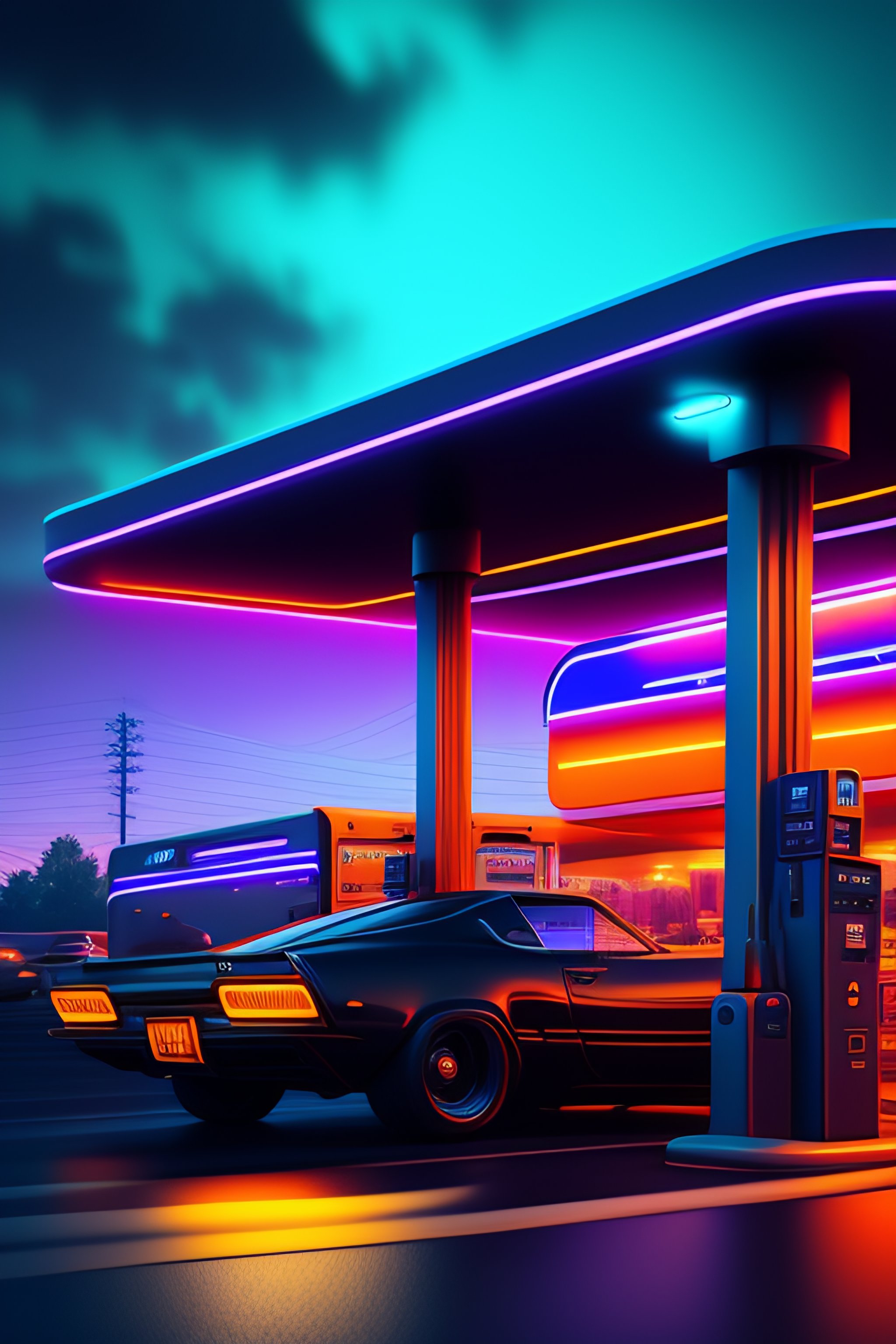 Landscape of a nocturne cyberpunk gas station with neon light and flying cars, digital art, workstation