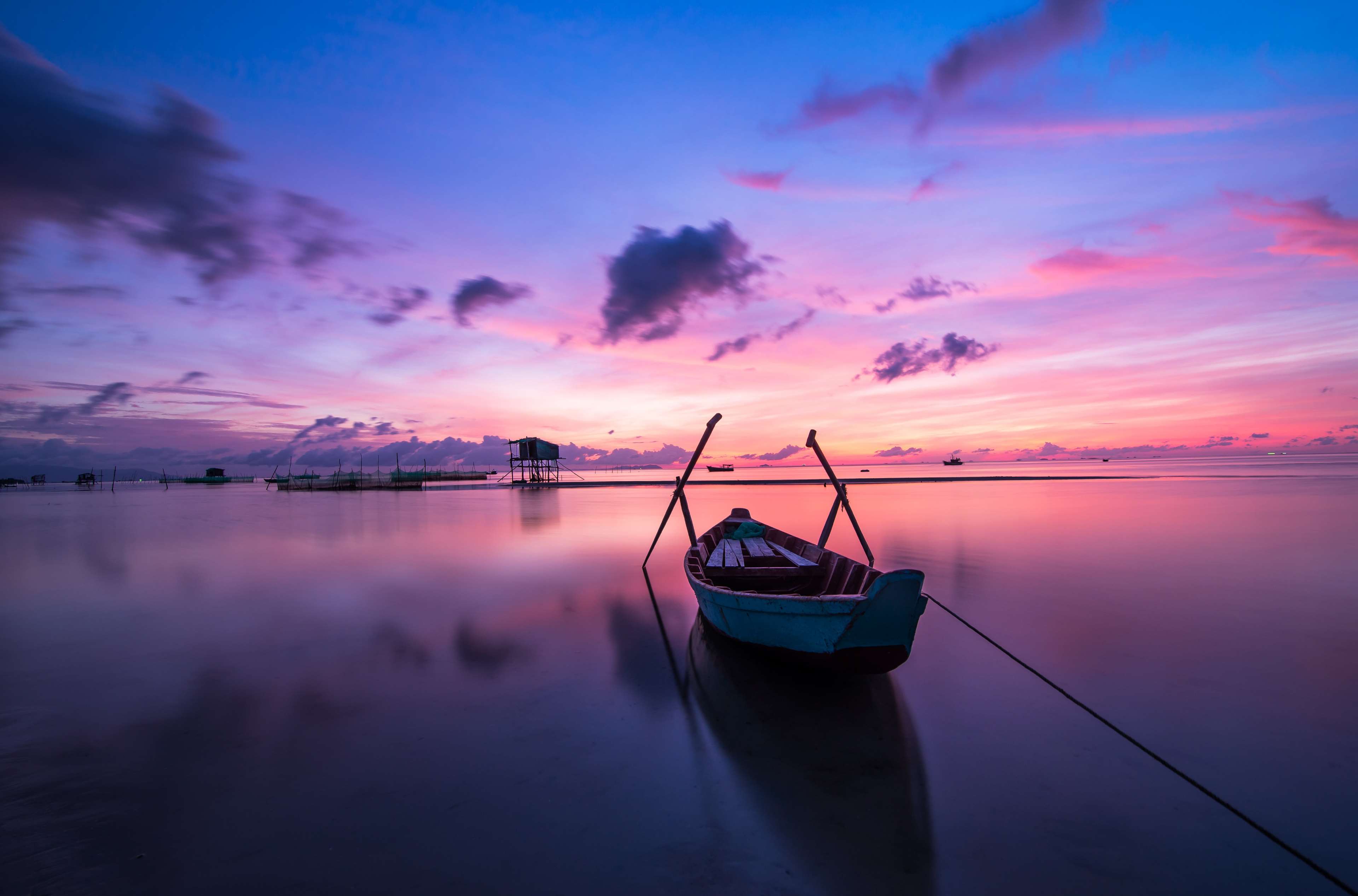 beach, boat, colorful, colourful, dawn, evening, holiday, island, light, morning, nature, ocean, orange, phu quoc, sea, sky, sun, sunrise, sunset, travel, tropical, vacation, vietnam, water, weather 4k Gallery HD Wallpaper
