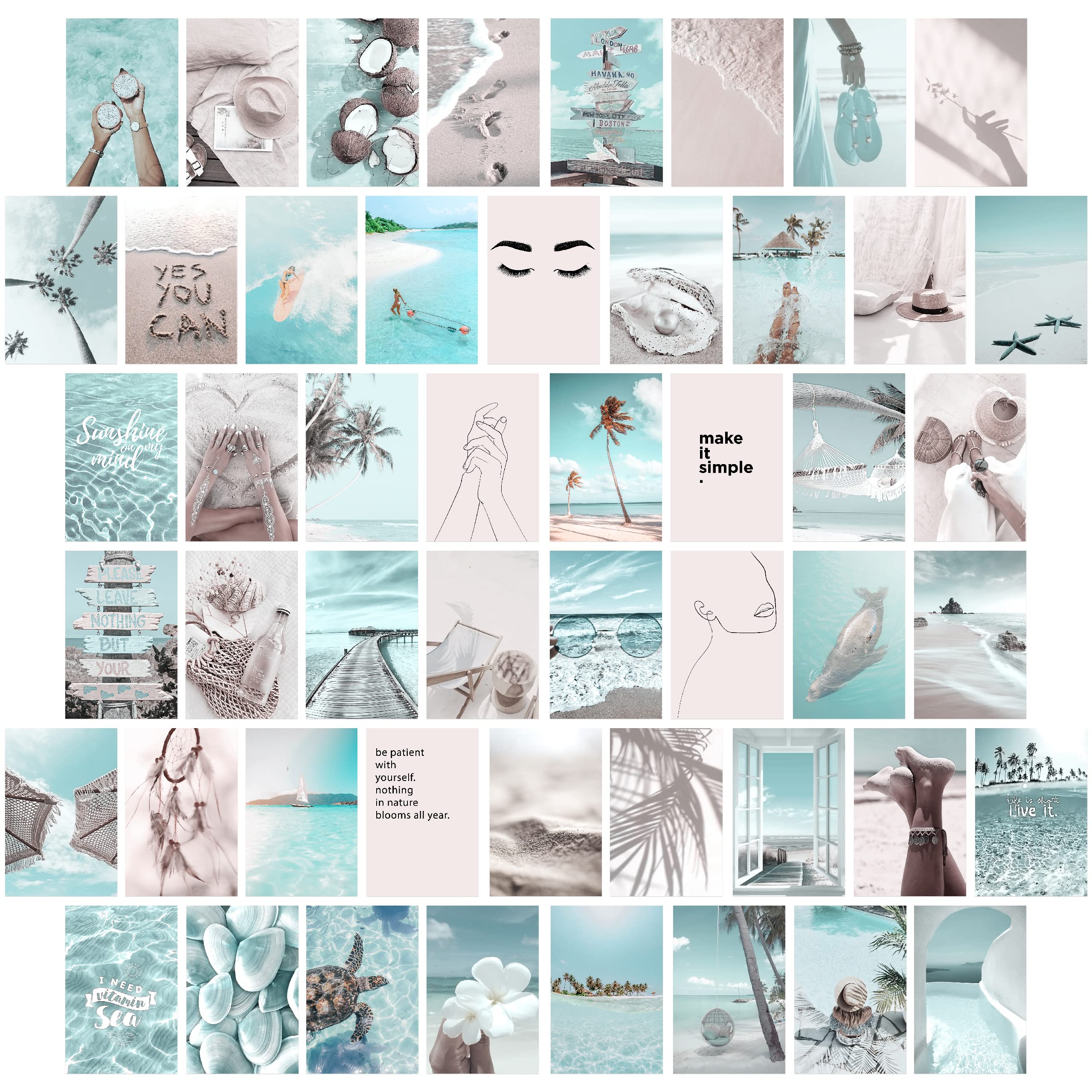 KONGSY Boho Beach Photo Wall Collage Kit Aesthetic Picture, Cyan Room Decor for Teen Girls, Trendy Summer Aesthetic VSCO Decoration Small Posters (50 Set 4x6 inch): Posters & Prints