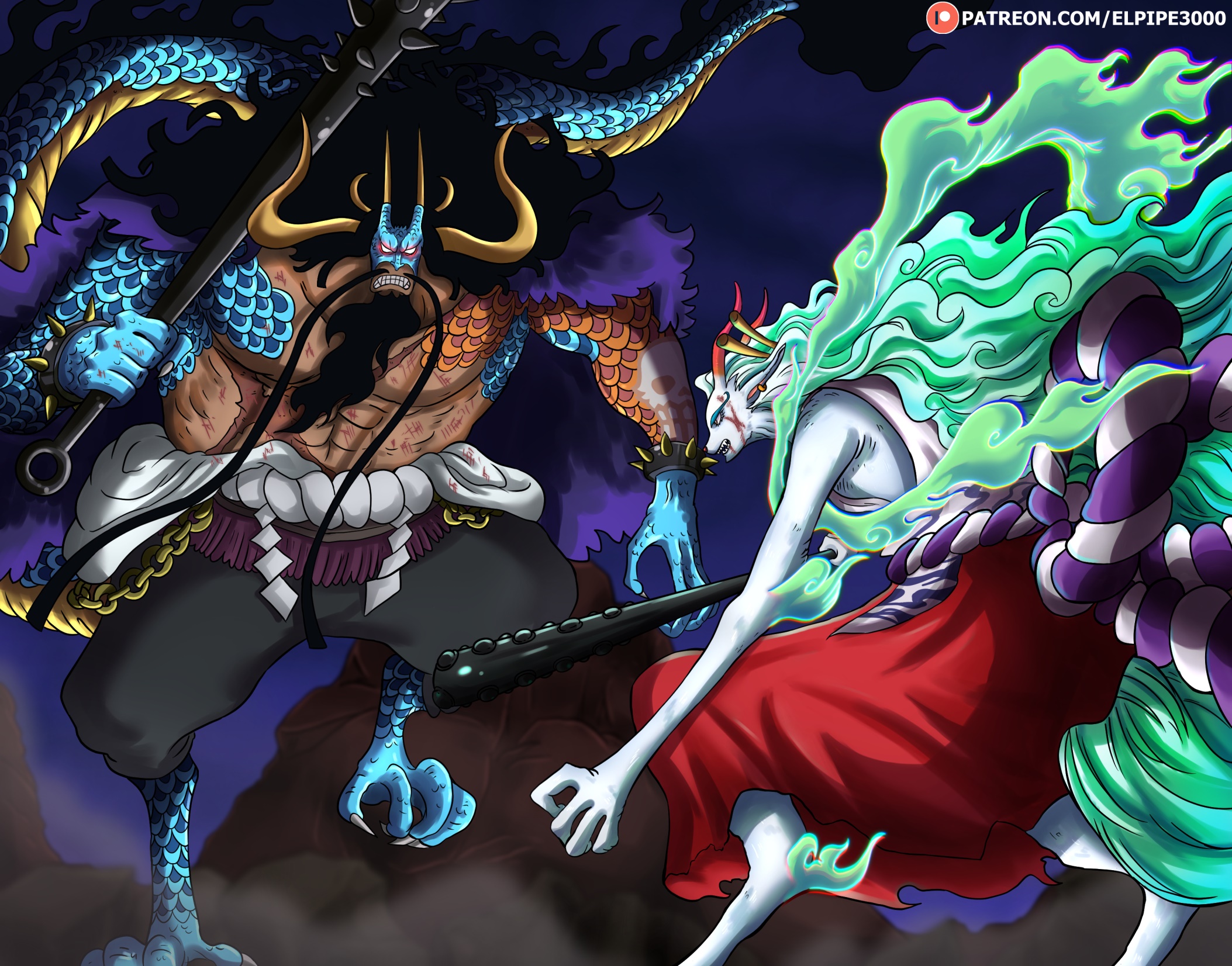 Asia, Creature, Sword, One Piece, From Behind, Kaido, Fantasy Art, Anime, Chinese Dragon, Colorful, Low Angle, Men, Artwork, Moonlight, Cartoon Gallery HD Wallpaper