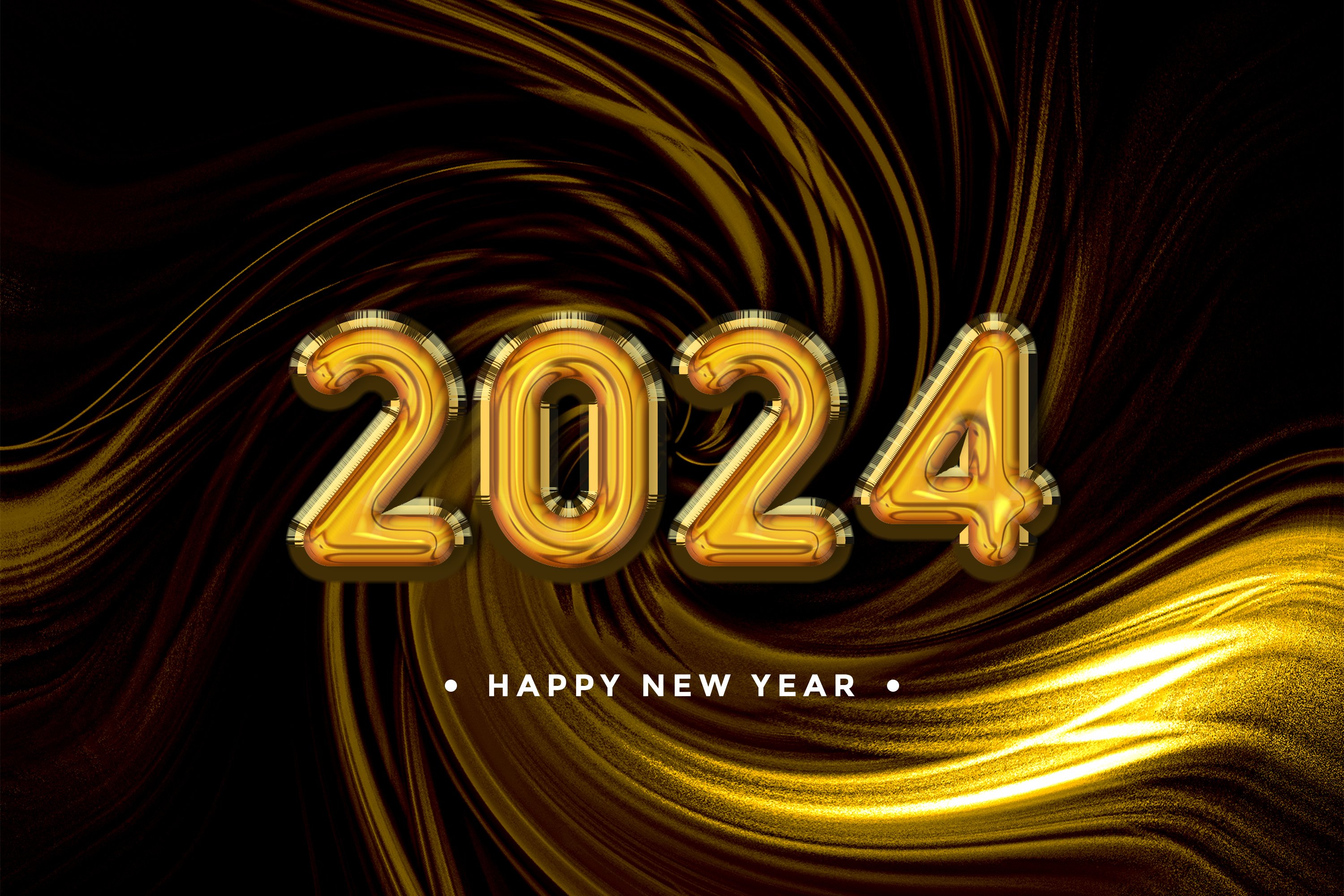 2024 happy new year card with realistic golden balloons
