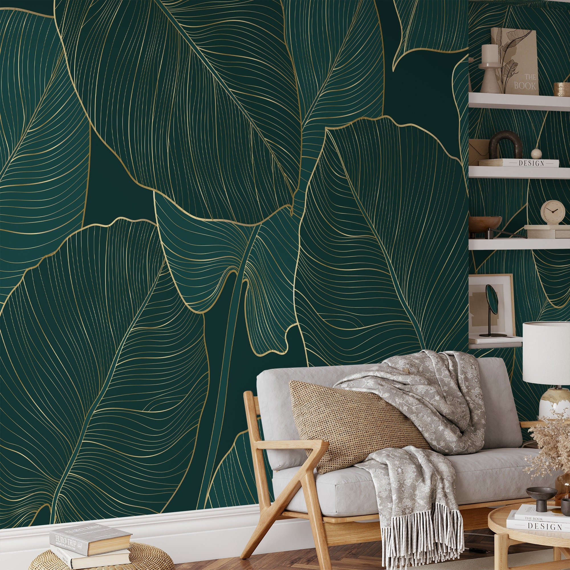 Dark Green Monstera Leaves With Golden Line Art Wallpaper