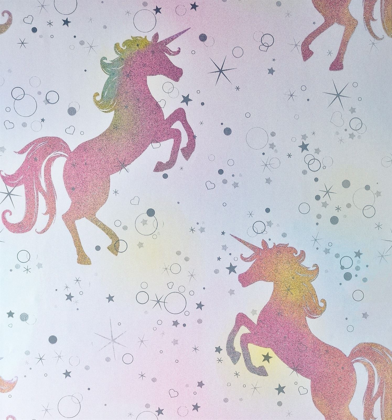 Girls Unicorn Wallpaper Children's Pink White Glitter Rainbow Butterflies Floral