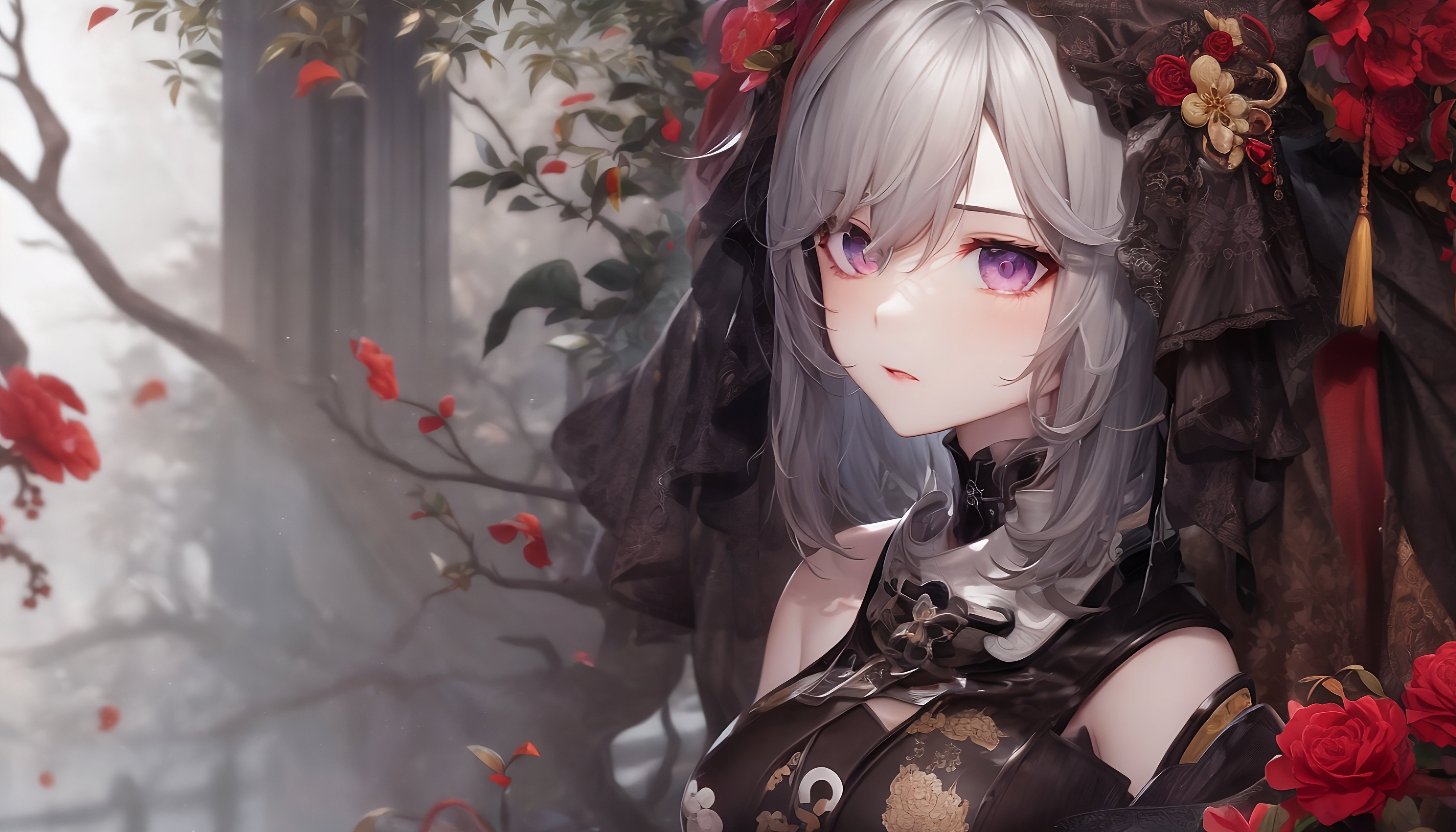 Ai Art Novel Ai Anime Girls Closeup Silver Hair Petals Flowers Wallpaper:5376x3072