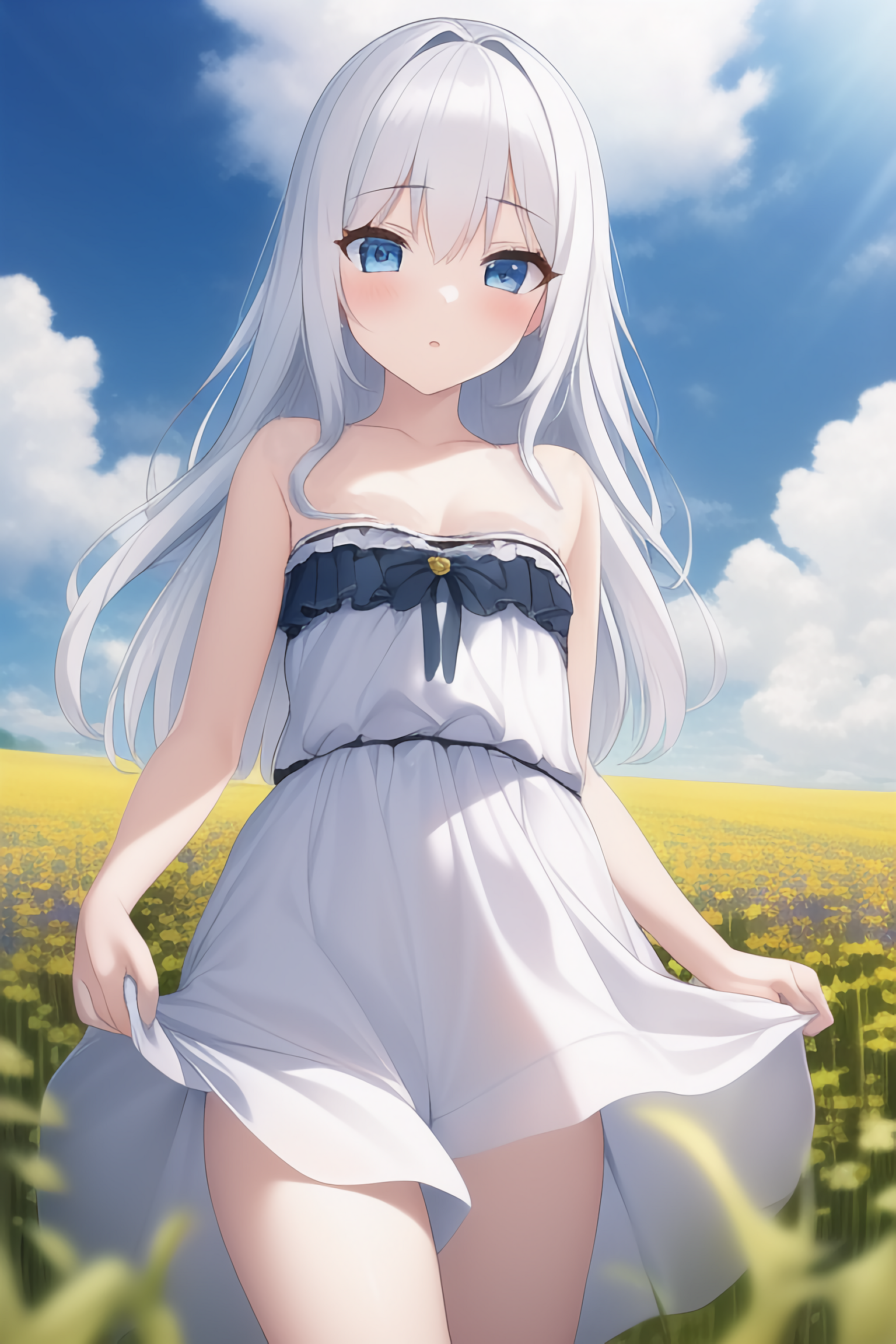 Anime Ai Anime Girls Flowerbomb Skirt Silver Hair Blue Eyes Lifting Dress Flowers Clouds Blushing Wallpaper:1536x2304