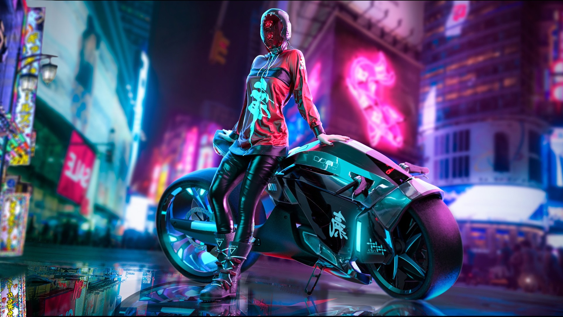 Wallpaper Cyberpunk city, girl, motorcycle 1920x1080 Full HD 2K Picture, Image