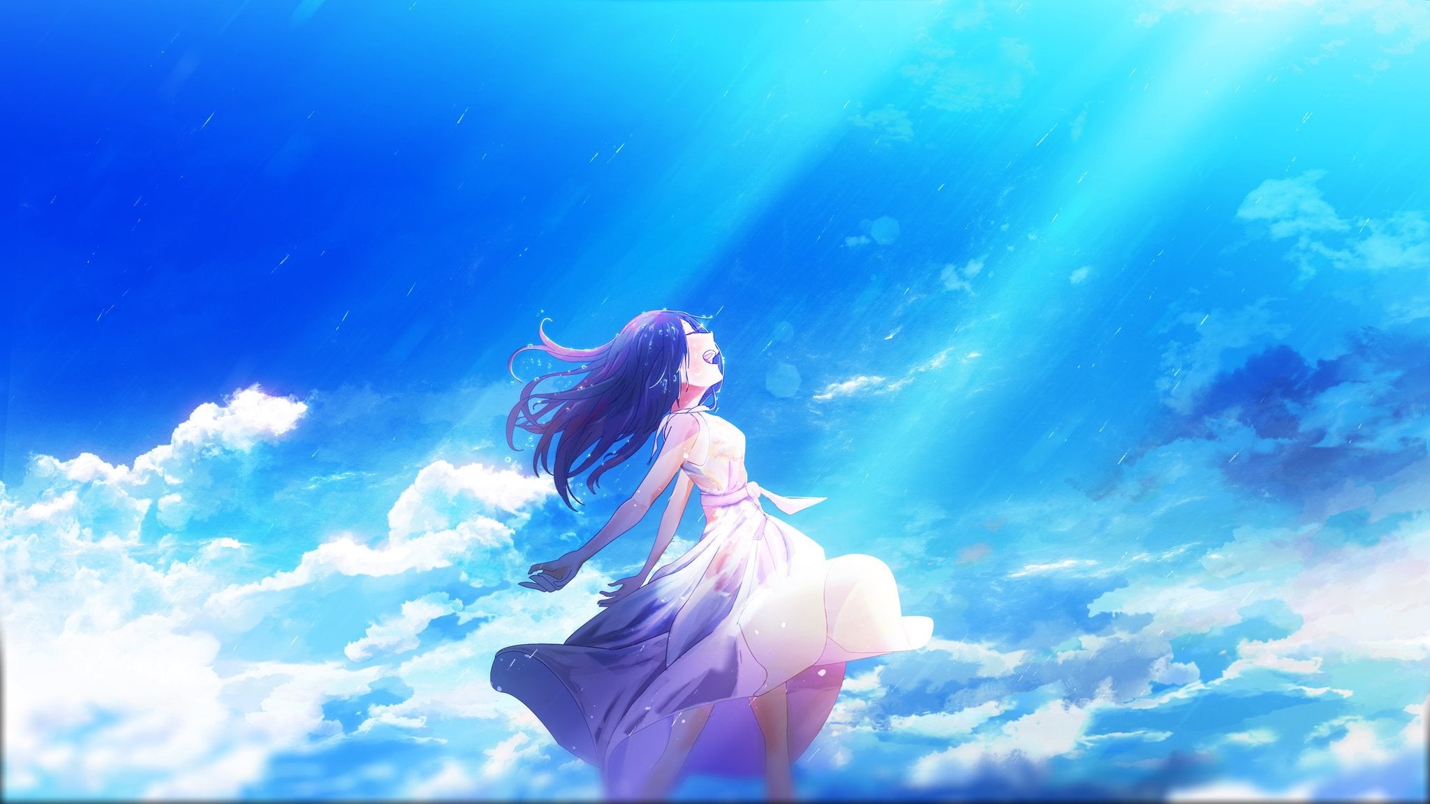 anime girls, anime, blue, white dress, cyan, sky Gallery HD Wallpaper