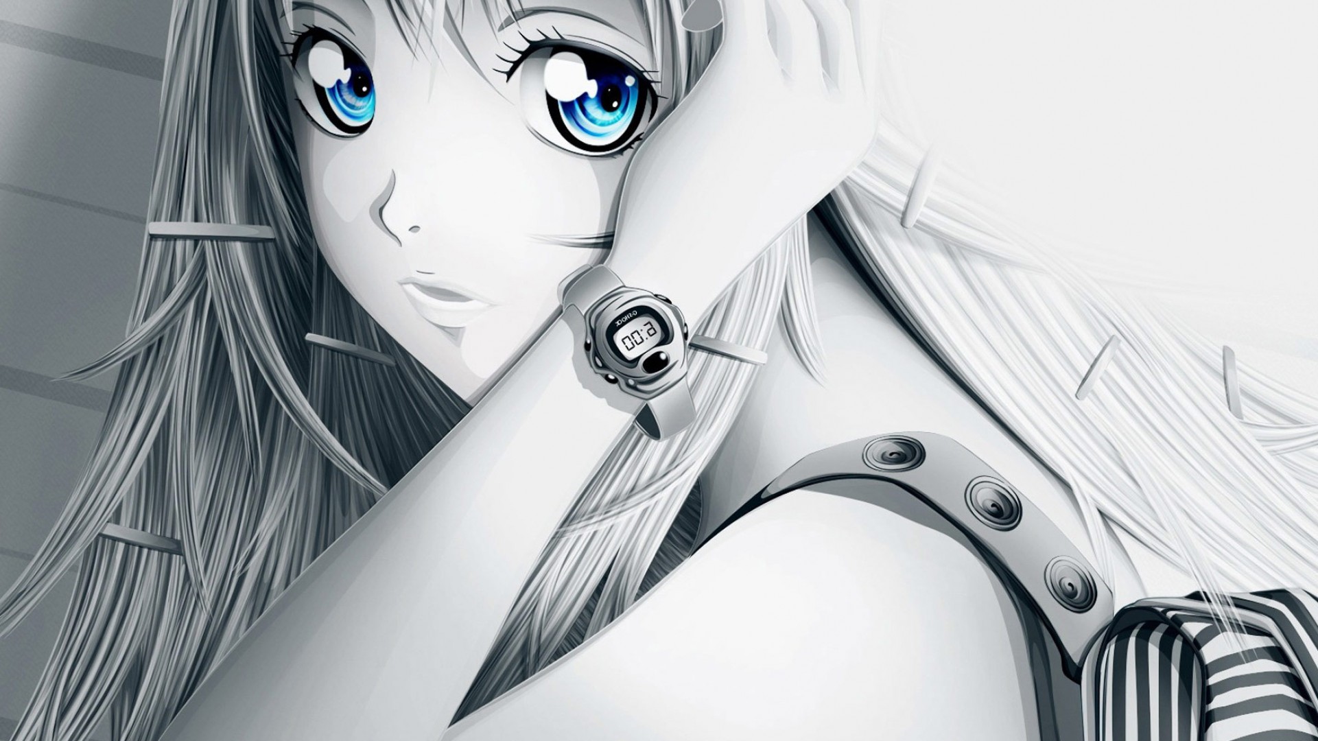 Wallpaper, white background, blue eyes, wristwatch, white hair, anime girls 1921x1080
