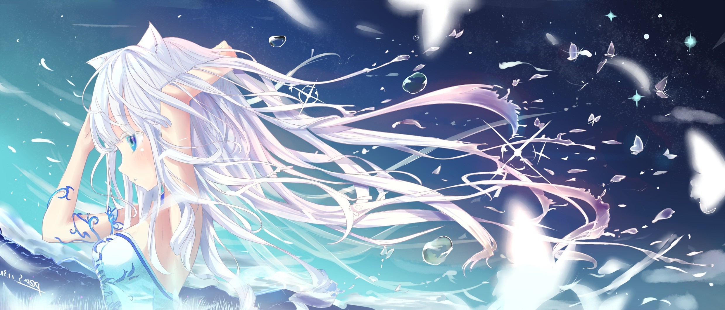 original characters white hair butterfly anime girls blade and soul long hair blue eyes animal ears wallpaper