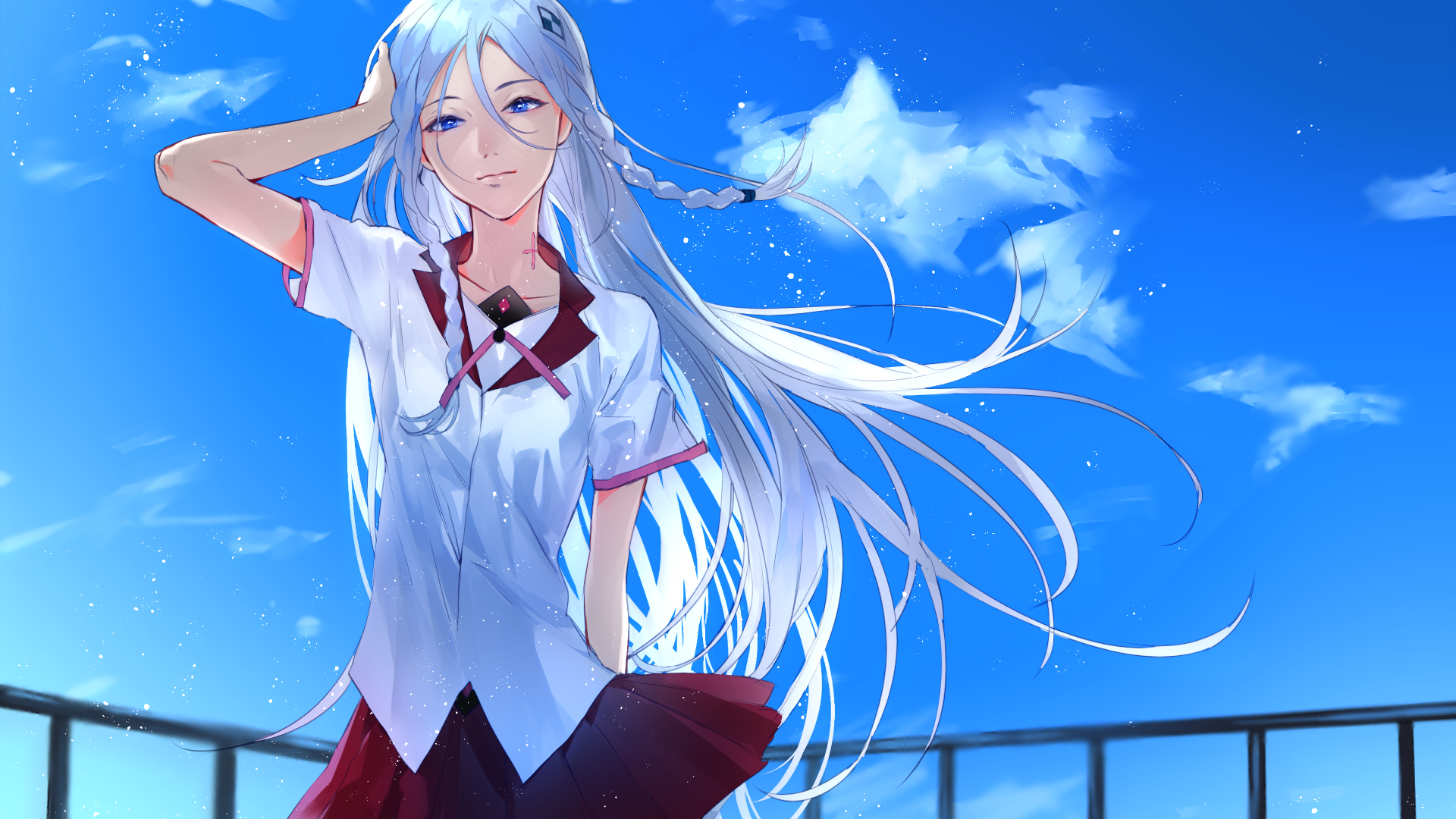Wallpaper, illustration, white hair, anime girls, blue hair, blue eyes, blue background, school uniform, Redjuice, clothing, Harmony Project Itoh, Miach Mihie, costume, computer wallpaper 1920x1080