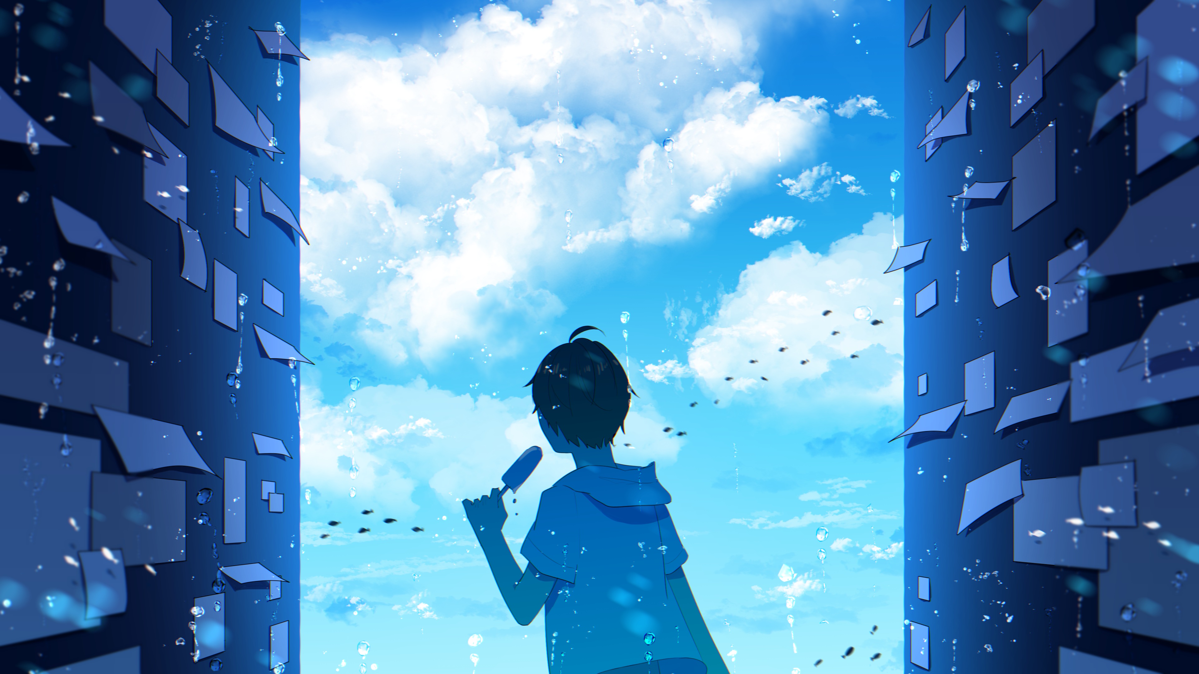 Anime Anime Boys Children People Paper Blue White Sky Skyscape Clouds Water Ice Cream Horizon Anime Wallpaper:3840x2160