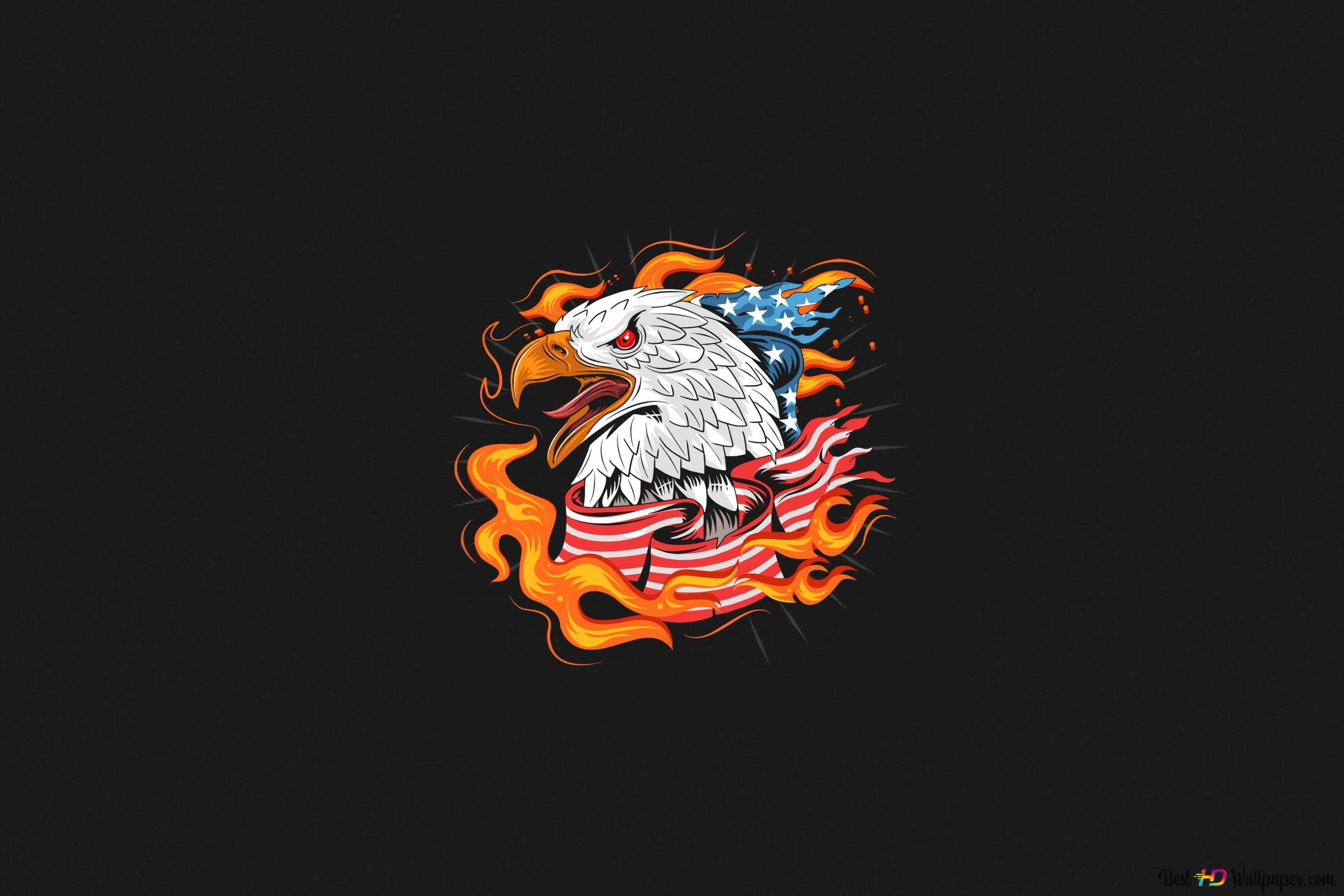 Eagle on fire and american flag 4K wallpaper download