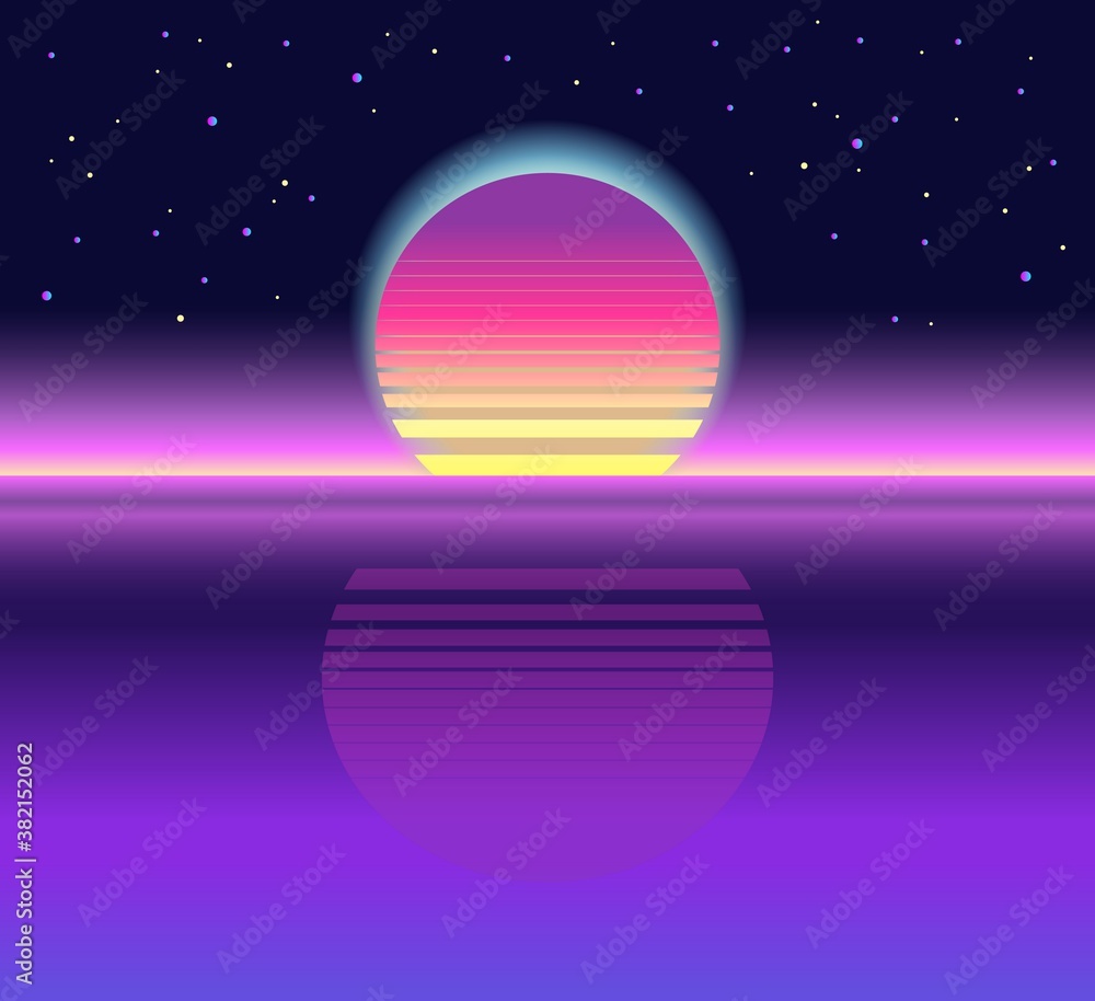 Sunrise, sunset. Retrowave, synthwave, rave, vapor, cuberpunk background. Futuristic dream. Yesterday's tomorrow. Trendy retro 80s, 90s style. Black, purple, pink, blue colors. Banner, print wallpaper Stock Vector
