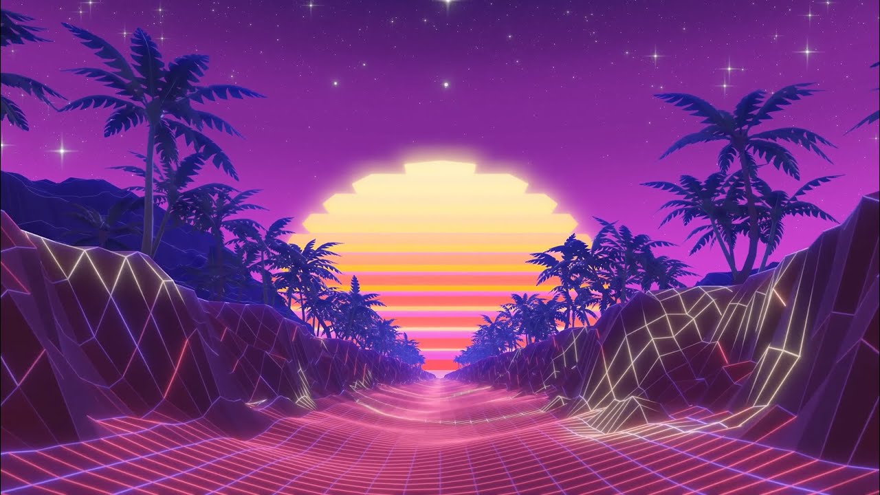 NEON SUNSET 80's RETRO SYNTH ROAD 4K Background Screensaver hour Palm Trees