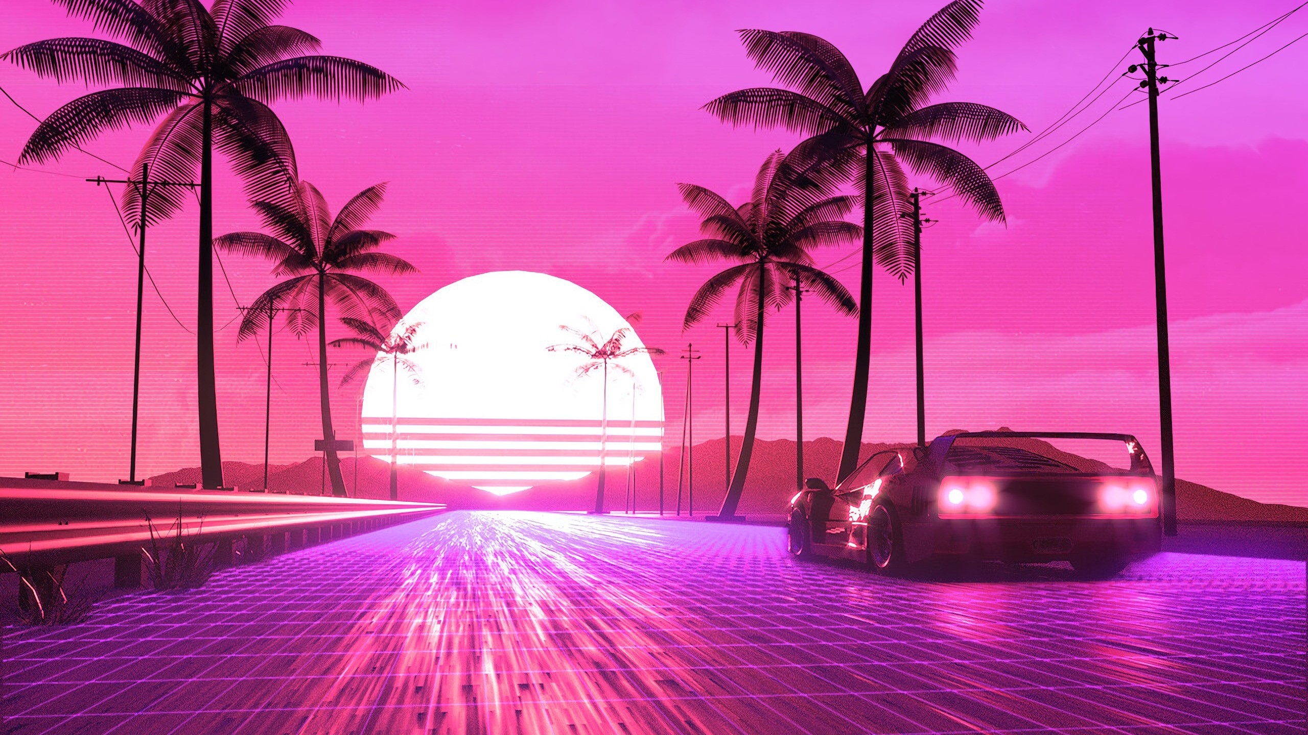 Wallpaper / digital, digital art, artwork, illustration, lines, Sun, sun rays, sunrise, sunset, road, car, vehicle, transport, trees, palm trees, summer, sunlight, nature, landscape, sky, skyscape, colorful, lights, vaporwave, Retrowave