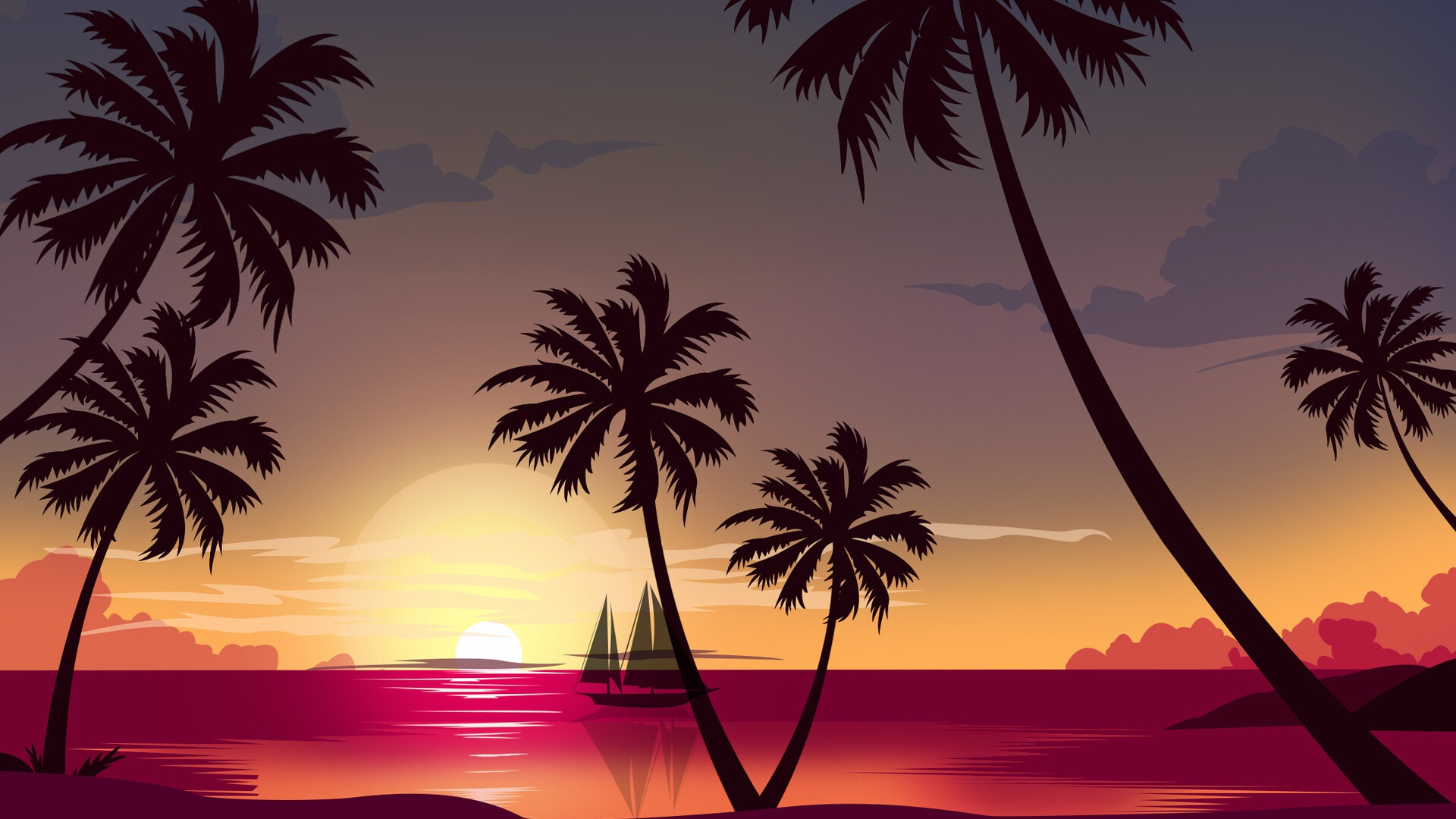Download Sunset, Sun, Sun, Ocean, Sea, Beach, Minimalism, Palm, Ship, Style, Palm trees, 80s, Illustration, Retrowave, Synthwave, New retro wave, NY, Retro, Wave Wallpaper in 1920x1080 Resolution
