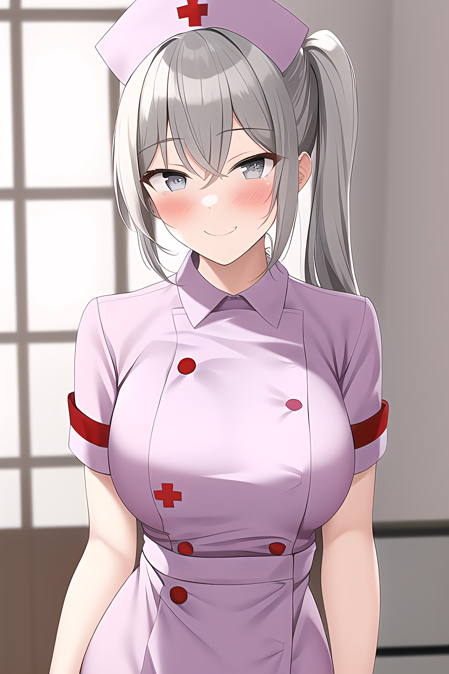 Wallpaper, anime girls, original characters, nurse outfit, artwork, digital art, nurses, blushing, Side ponytail, smiling, vertical 1536x2304