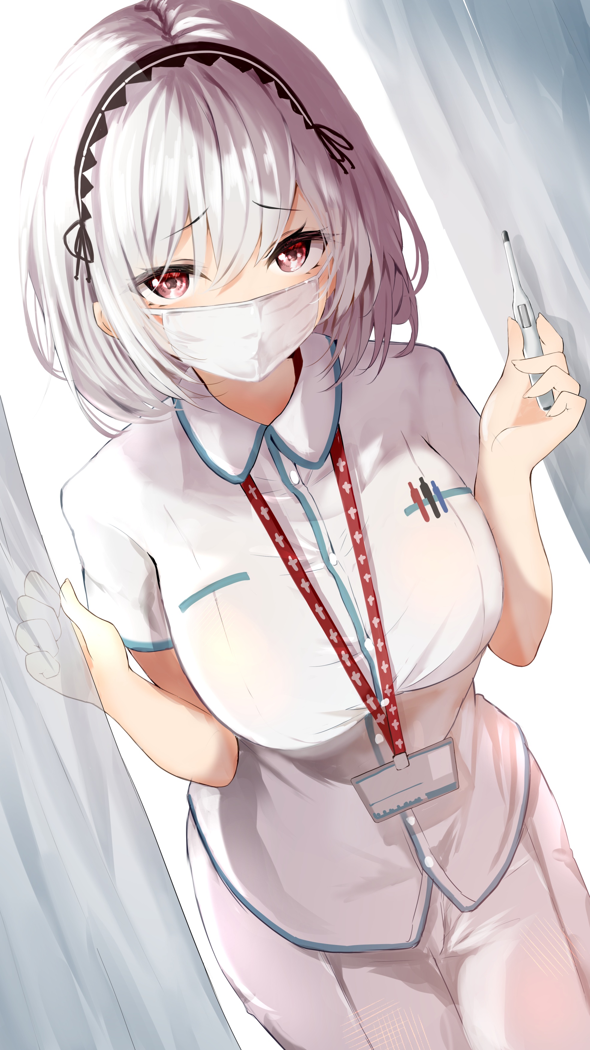 Anime Anime Girls White Hair Mask Nurses Nurse Outfit Purple Eyes Wallpaper:1969x3500
