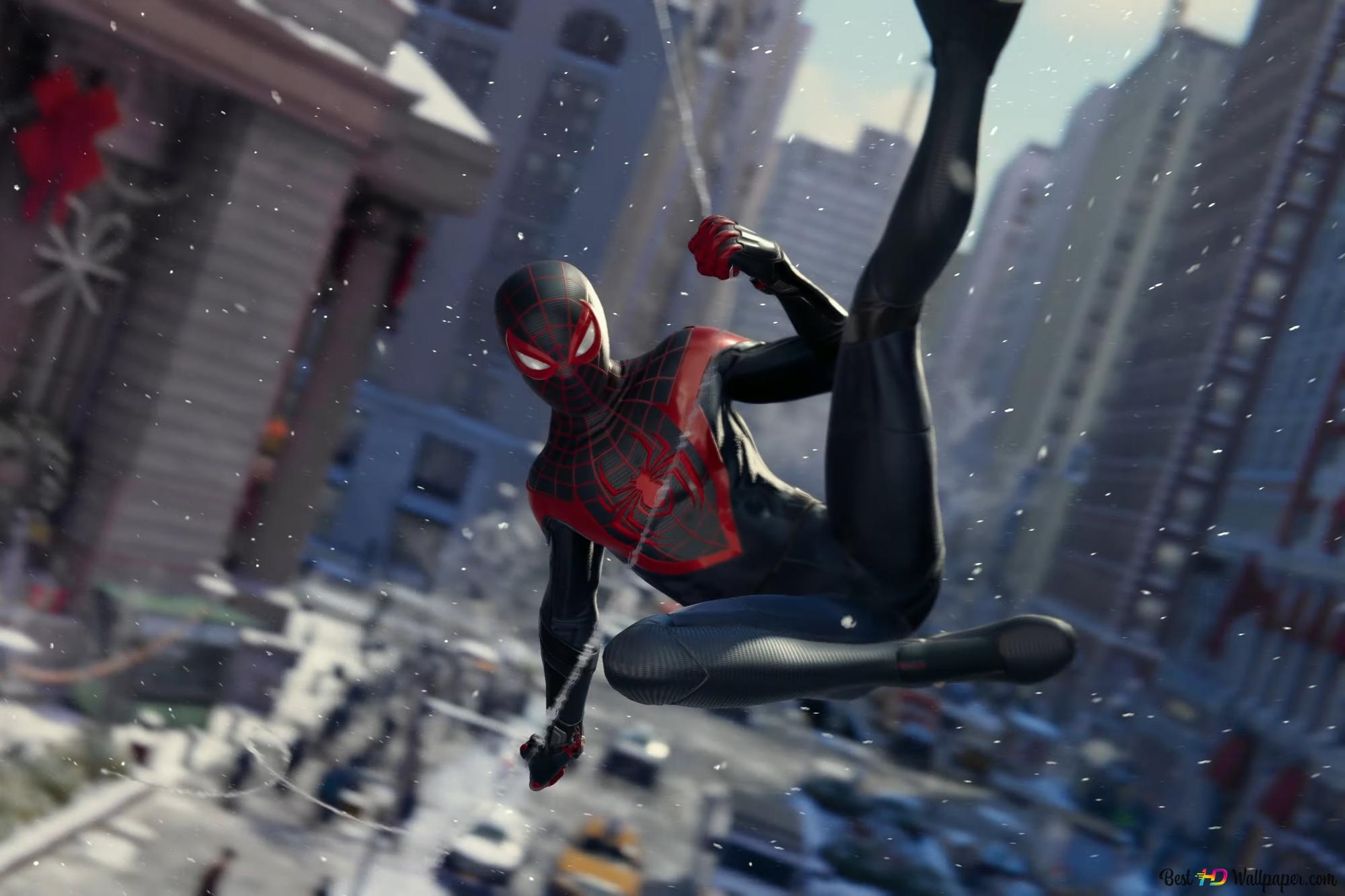 Spider Man Miles Morales:Jumping One Building To Another 4K wallpaper download