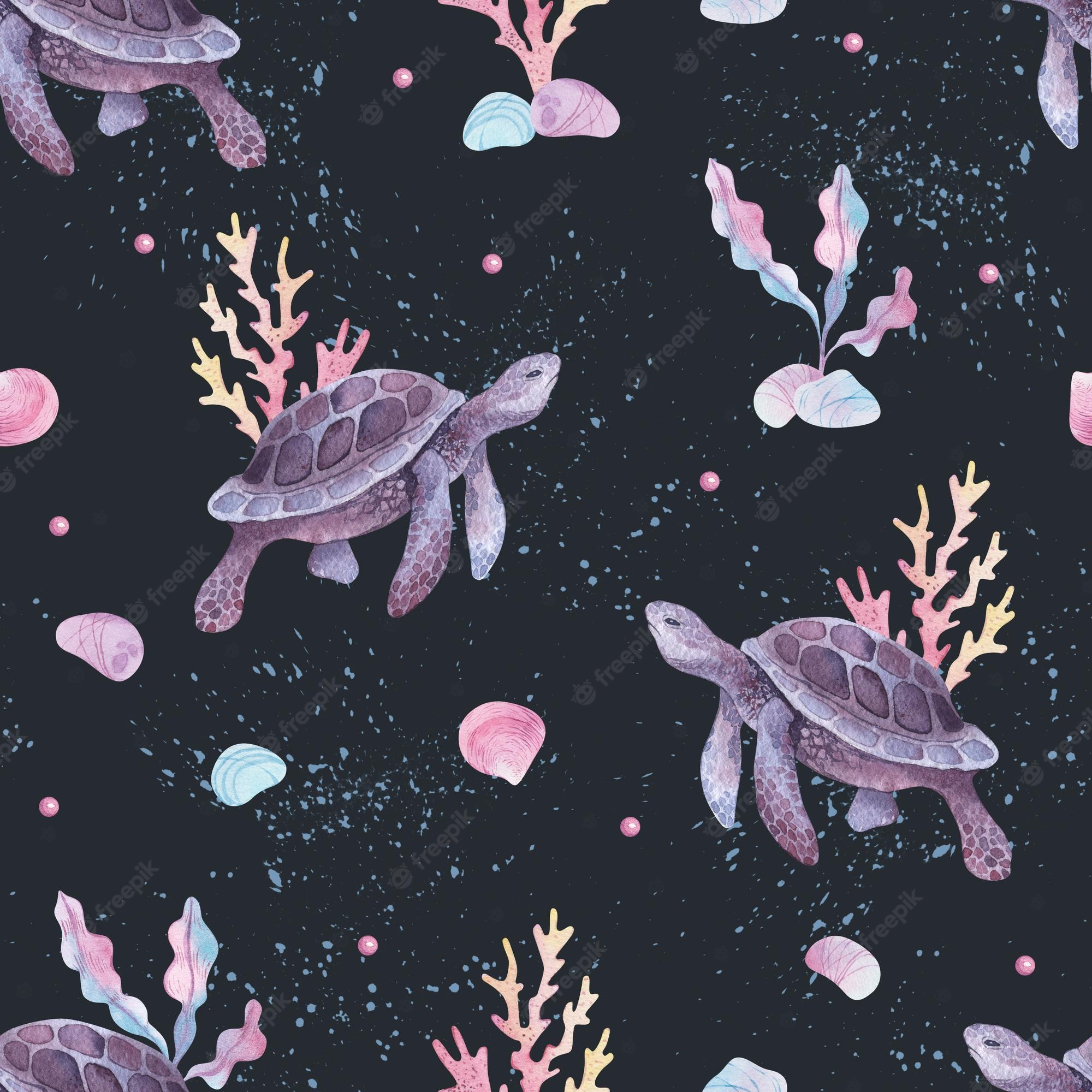 Premium Photo. Watercolor kids seamless pattern turtle coral shells illustrations marine animals holidays background summer background for print kids cards linens wallpaper textile fabric