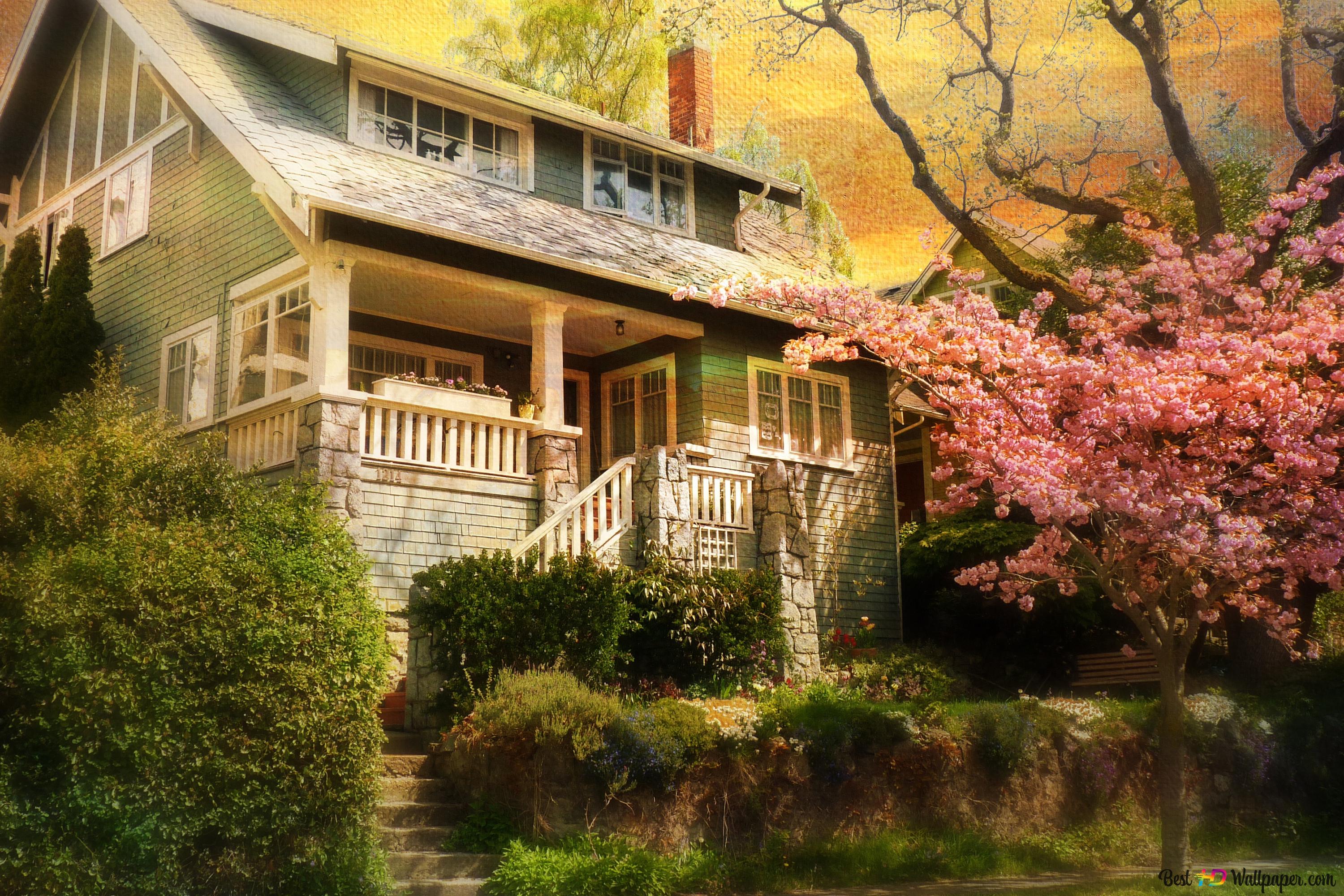 Vintage House in Spring 4K wallpaper download