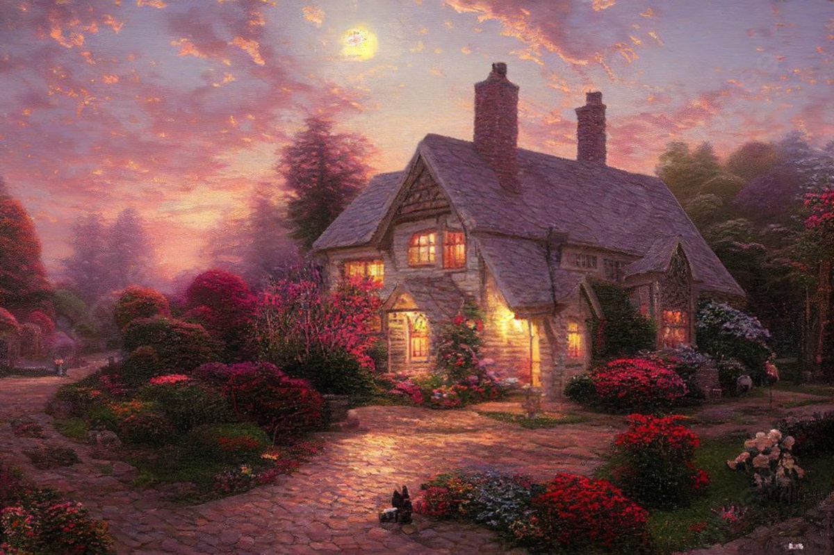 Spring Country Pastoral Illustration With Cosy Cottage House At Sunset Spring Pastoral Illustration Photo Background And Picture For Free Download