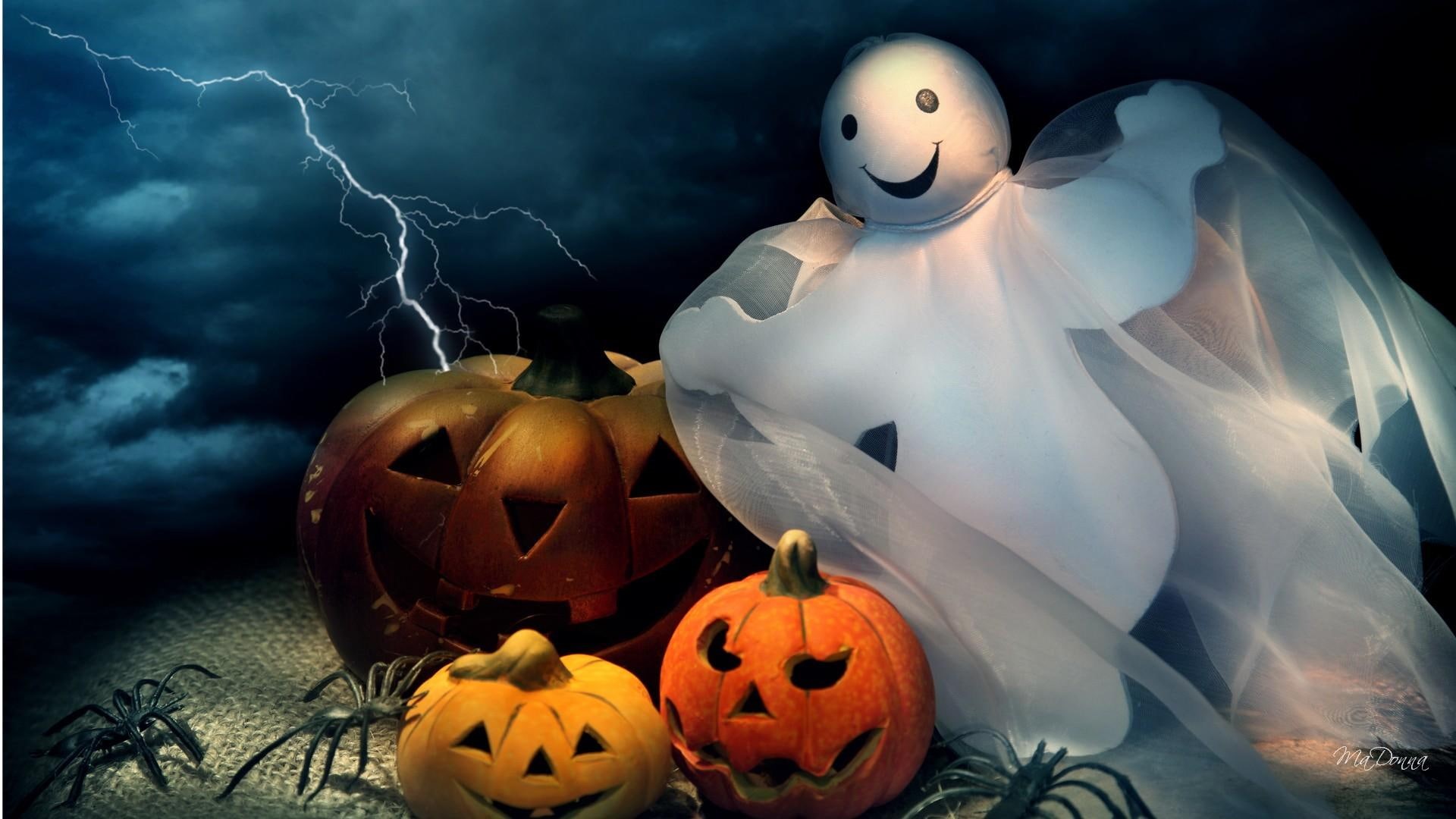 Wallpaper / poster, whimsical, themed, spiders, ghost, cute, happy, jack o lanterns, 3D and abstrac, 1080P, lightning, halloween, pumpkins free download