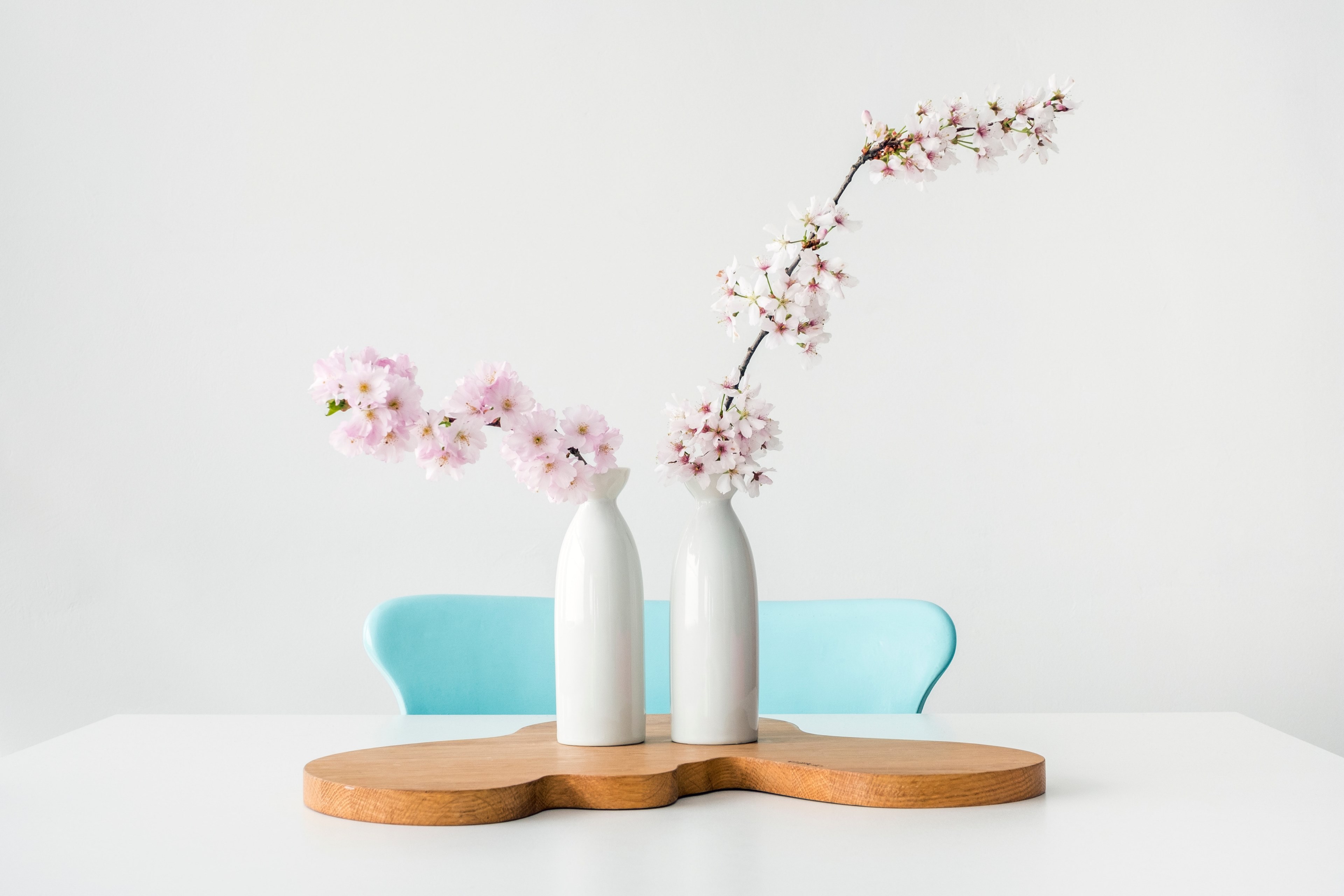 Wallpaper / two white vases with pink and white blossom branches on a table, spring is in the house 4k wallpaper free download