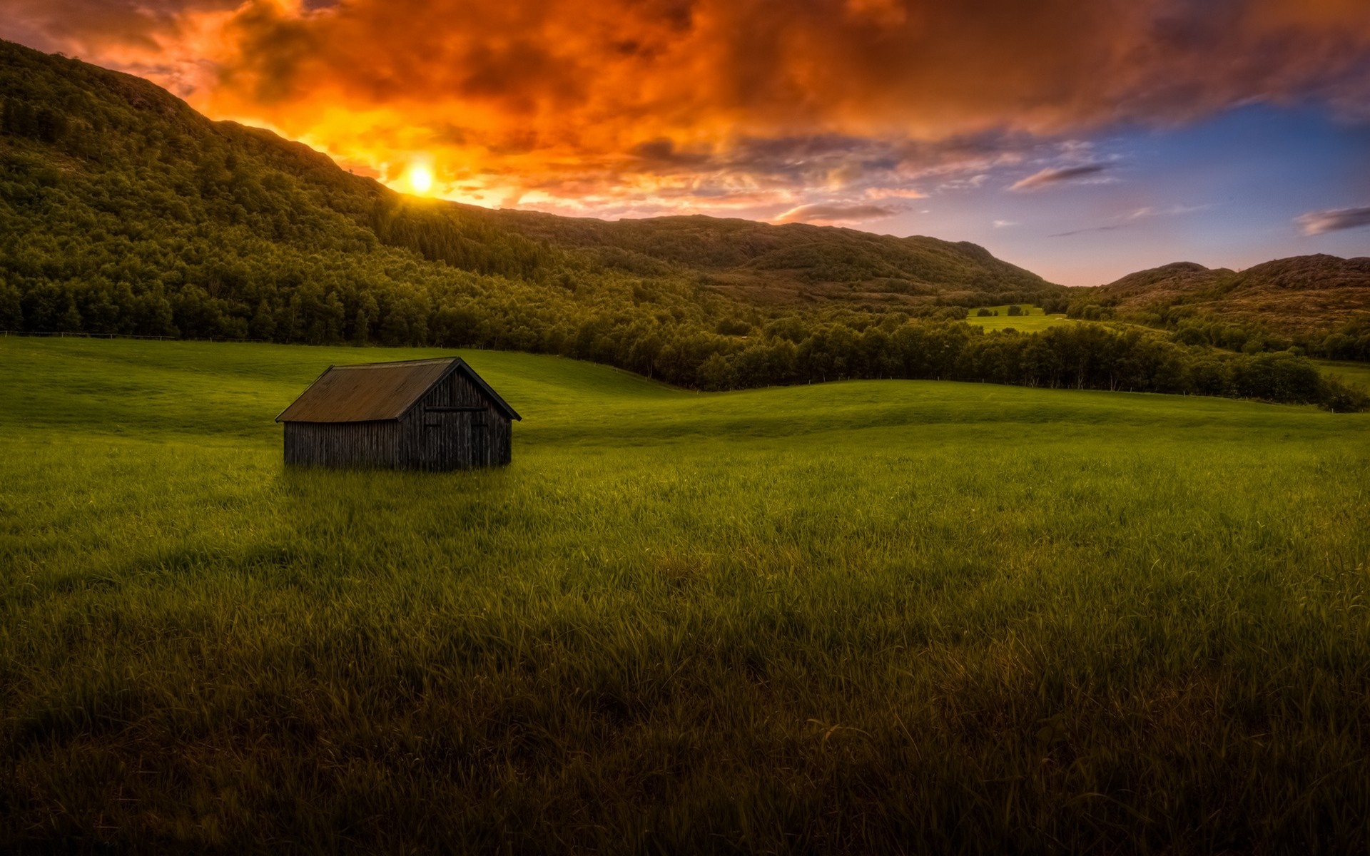 summer, nature, hut, colorful, sunset, mountains, clouds, forest, landscape, sky, grass Gallery HD Wallpaper