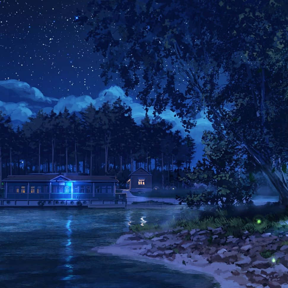 Download Forest River House Night Anime Wallpaper