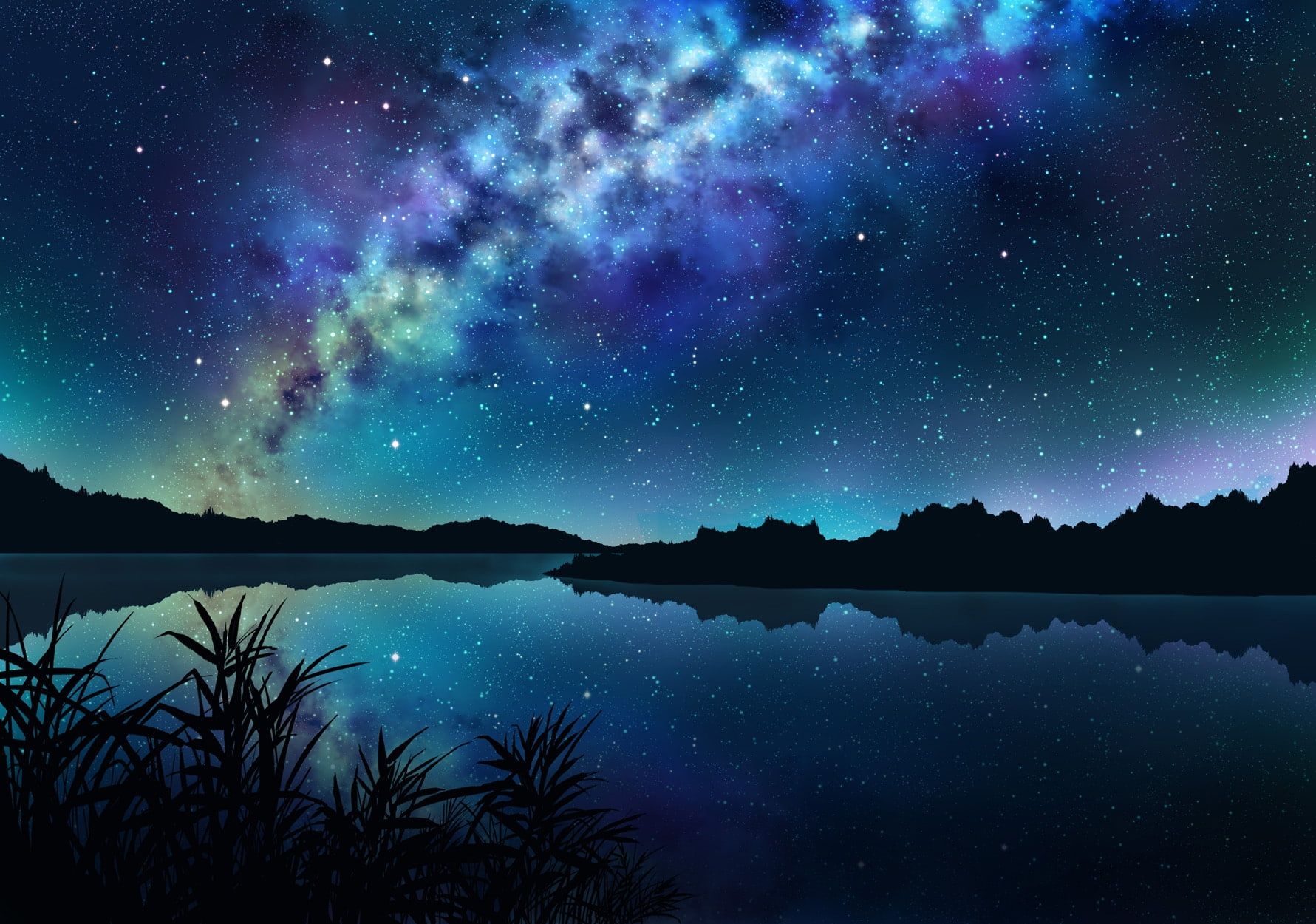 HD wallpaper: anime landscape, river, night, stars, reflection, scenics. Pemandangan, Wallpaper pemandangan anime, Lanskap