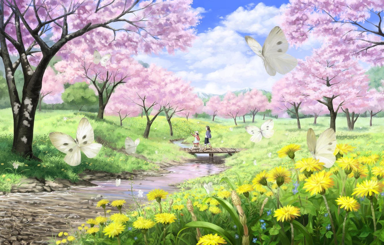 Wallpaper butterfly, landscape, bridge, river, stream, girls, spring, Sakura, art, walk, river, dandelions, imaoka image for desktop, section прочее