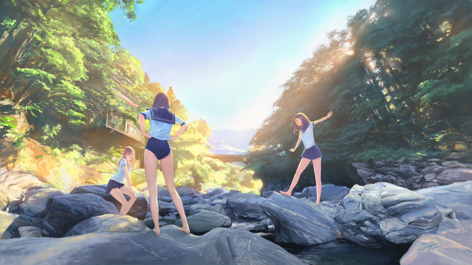 Mobile wallpaper: Anime, Nature, Sunlight, River, Uniform, Skirt, Original, Swimsuit, Barefoot, 778929 download the picture for free